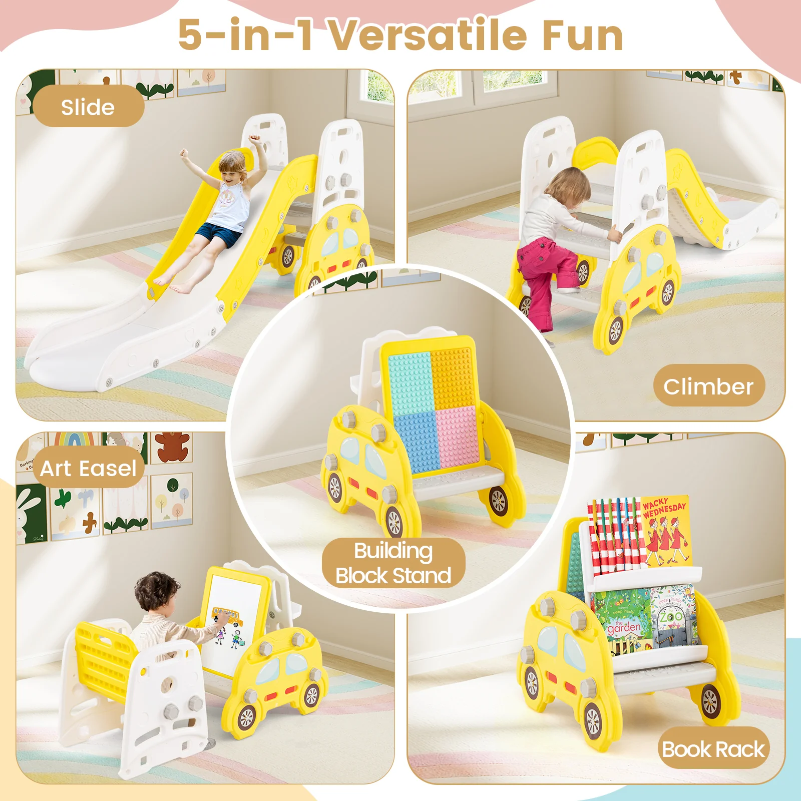 5 In 1 Convertible Toddler Slide Set, Art Easel With Stool, Yellow - Image 7