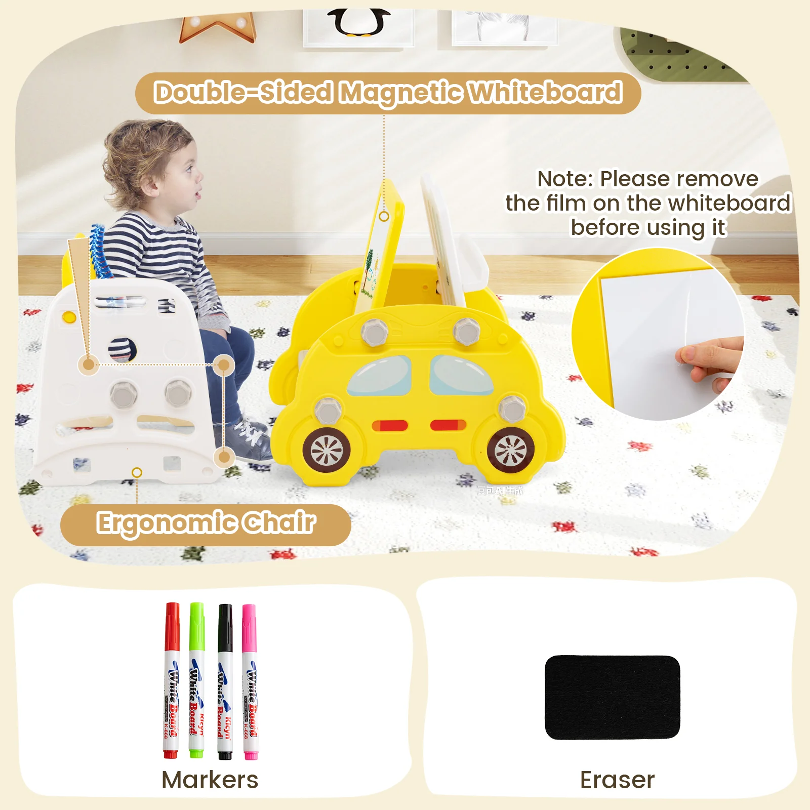 5 In 1 Convertible Toddler Slide Set, Art Easel With Stool, Yellow - Image 8