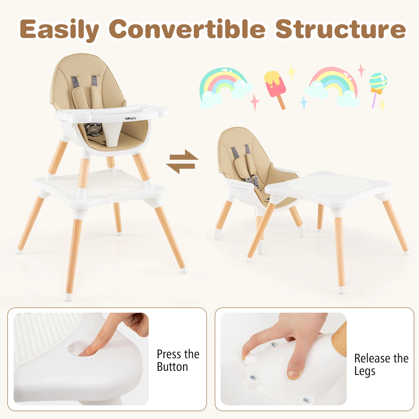 5-In-1 Convertible Wooden High Chair, Beige - Image 10