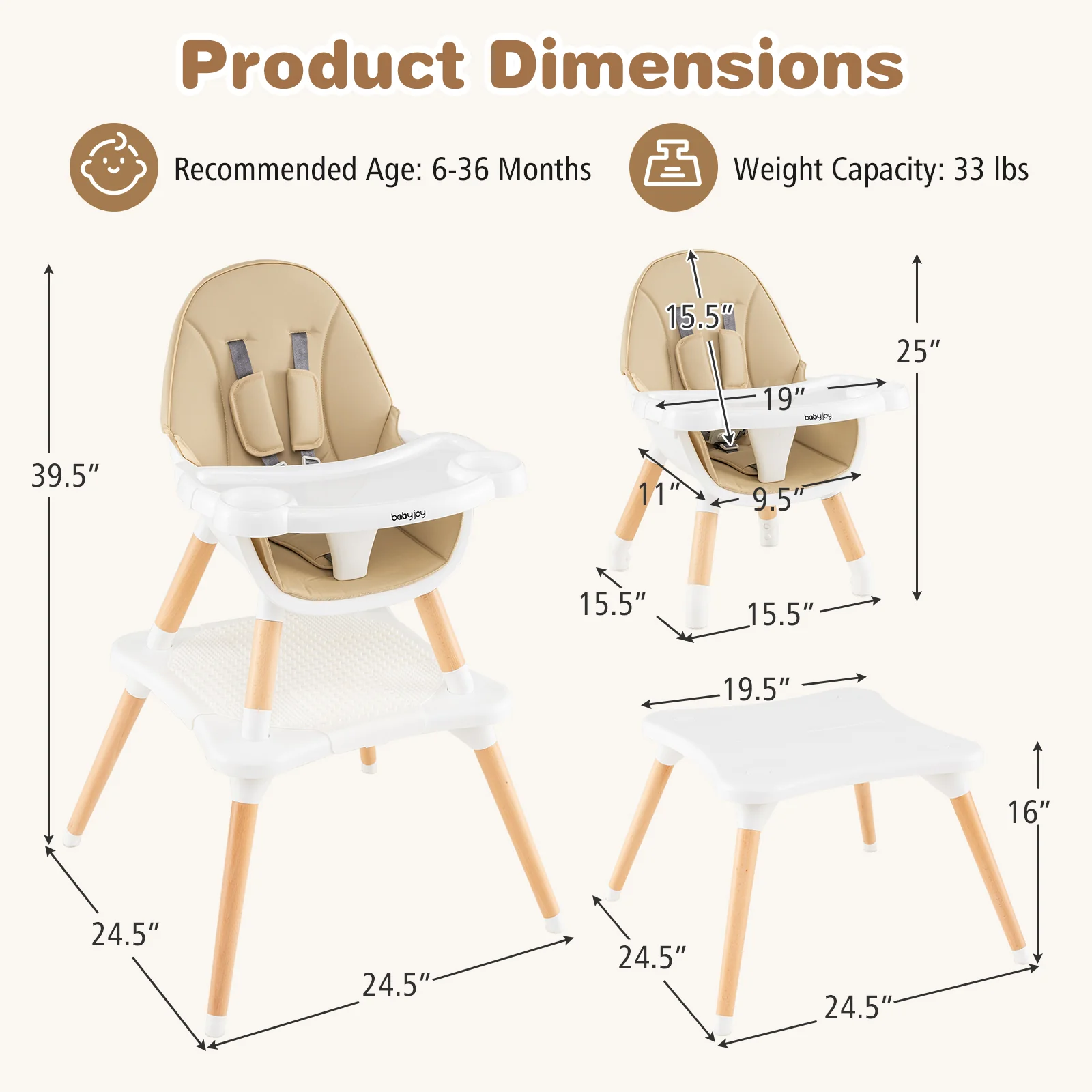 5-In-1 Convertible Wooden High Chair, Beige - Image 4