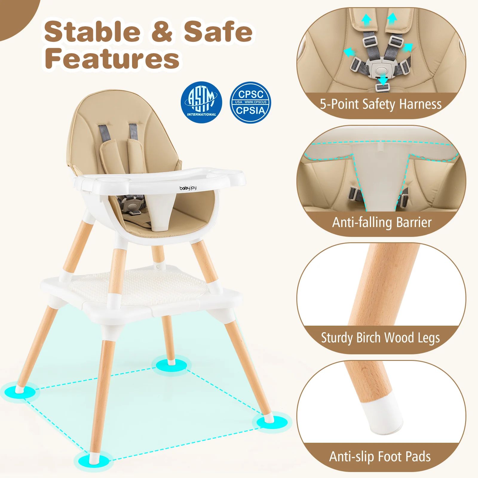 5-In-1 Convertible Wooden High Chair, Beige - Image 6