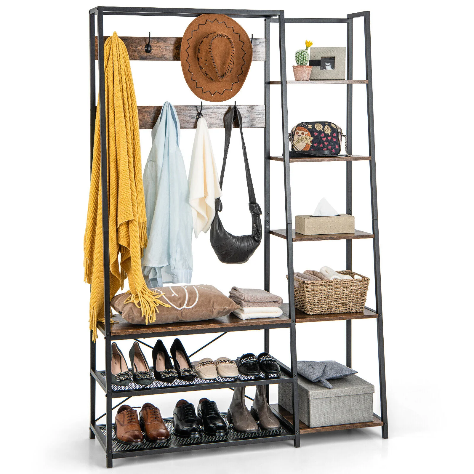 5-In-1 Entryway Hall Tree, Storage Bench, 9 Hooks, Brown