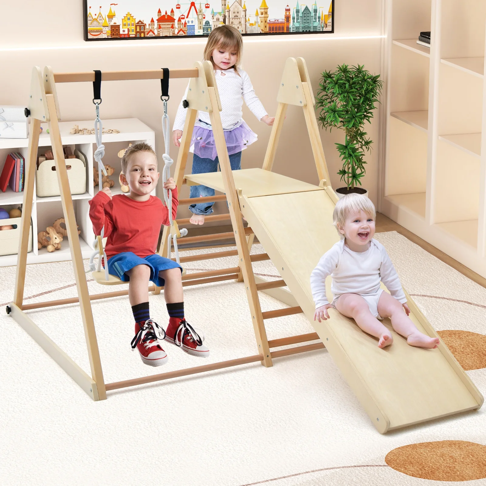 5-In-1 Foldable Climber Playset With Slide, Swing, Natural - Image 3