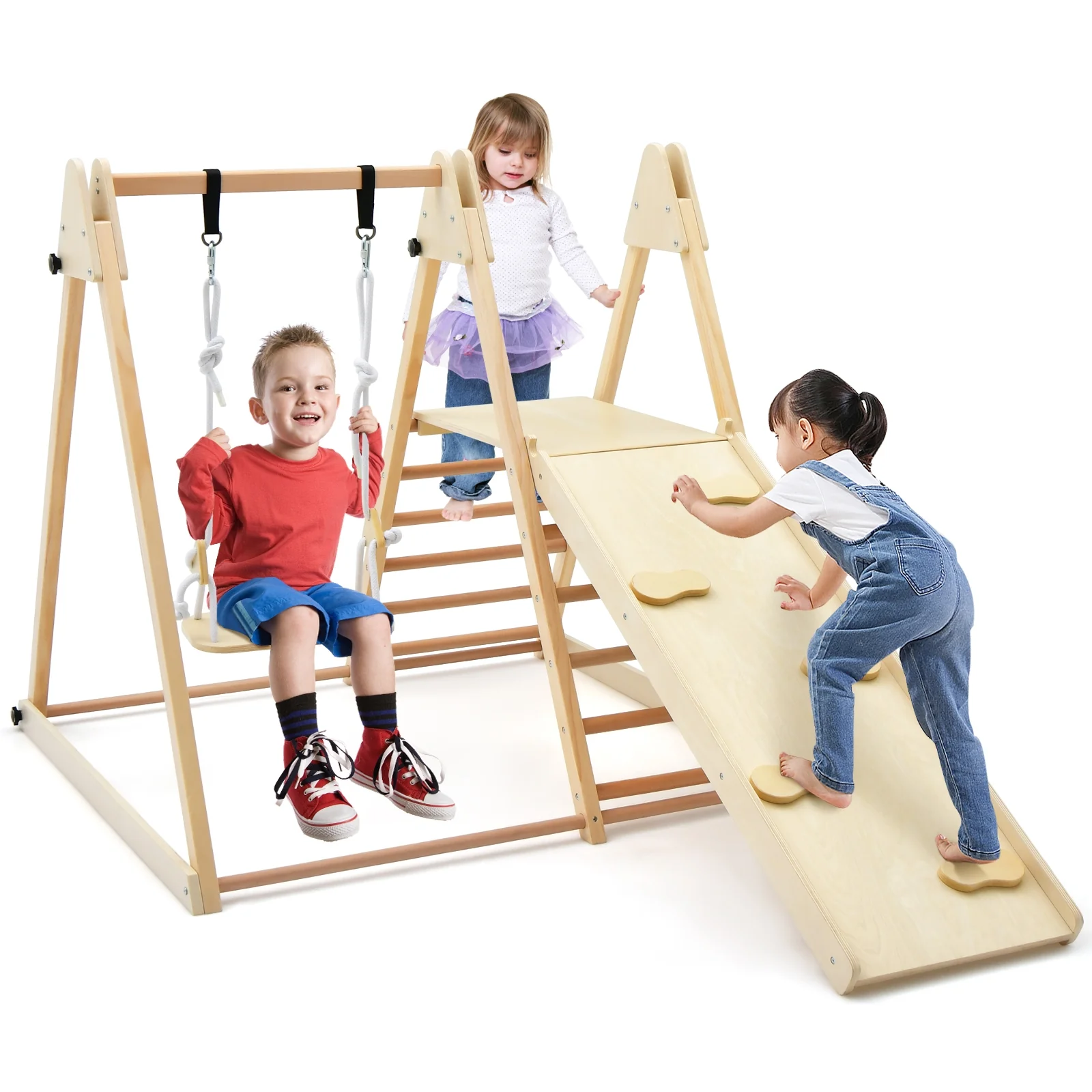 5-In-1 Foldable Climber Playset With Slide, Swing, Natural - Image 5