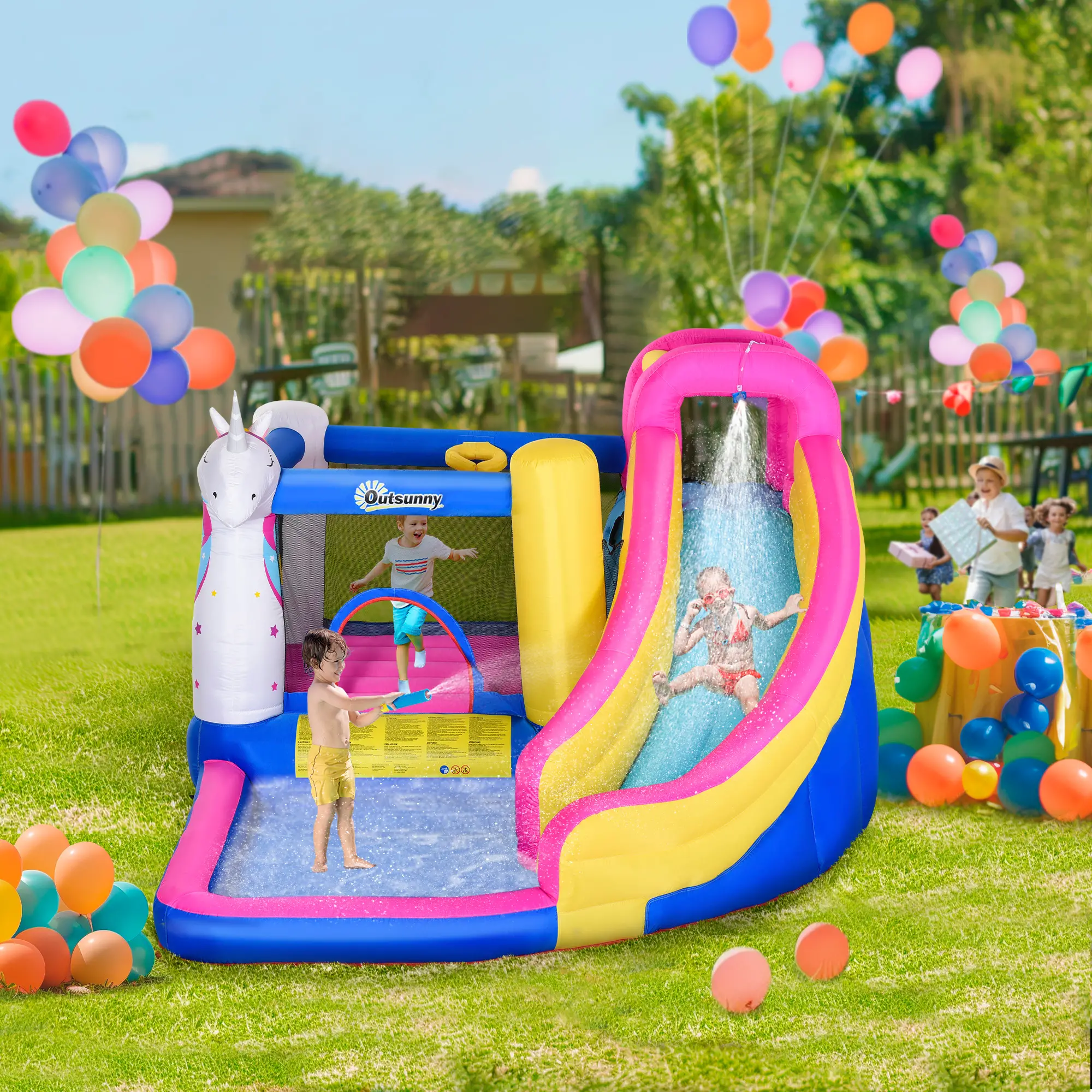 5 in 1 Inflatable Bounce Castle, Trampoline Water Slide, 12.4' x 10.5' x 6.9', Multi-color - Image 2