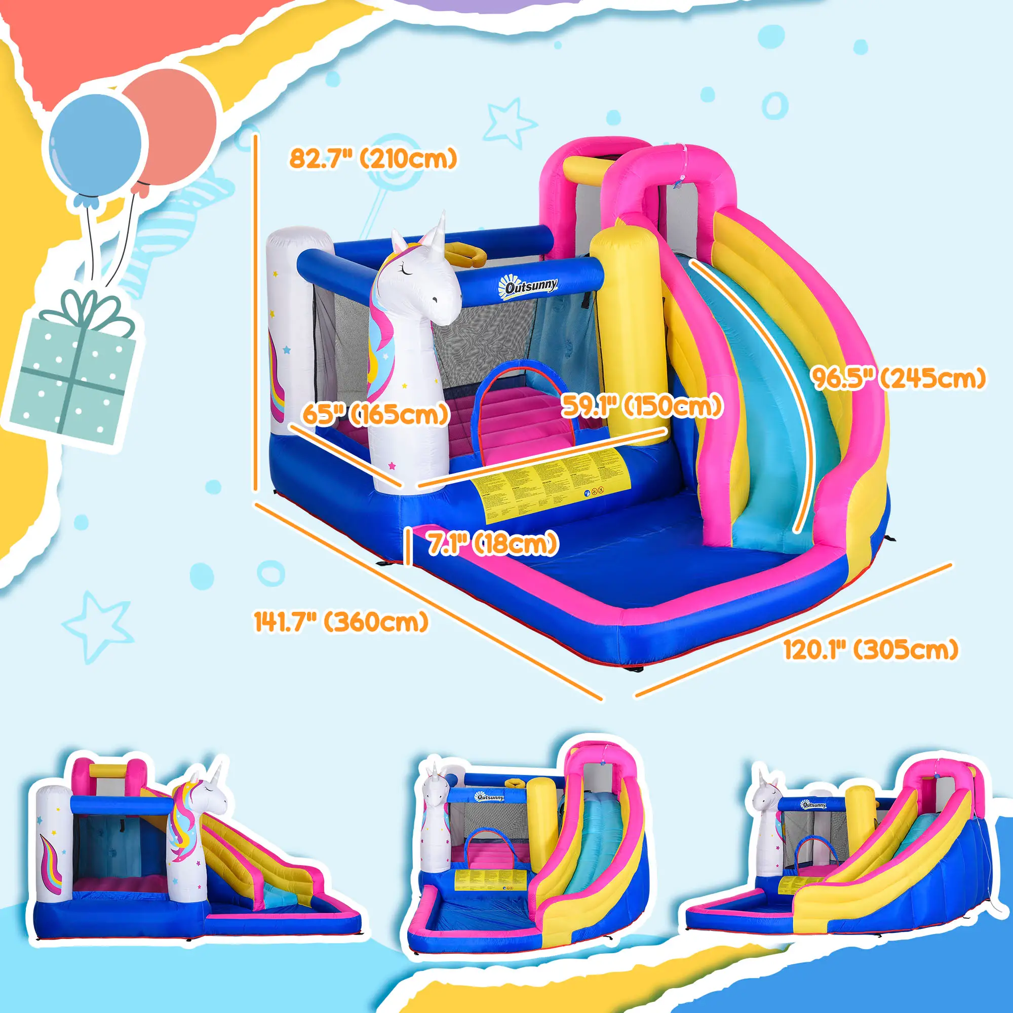 5 in 1 Inflatable Bounce Castle, Trampoline Water Slide, 12.4' x 10.5' x 6.9', Multi-color - Image 3