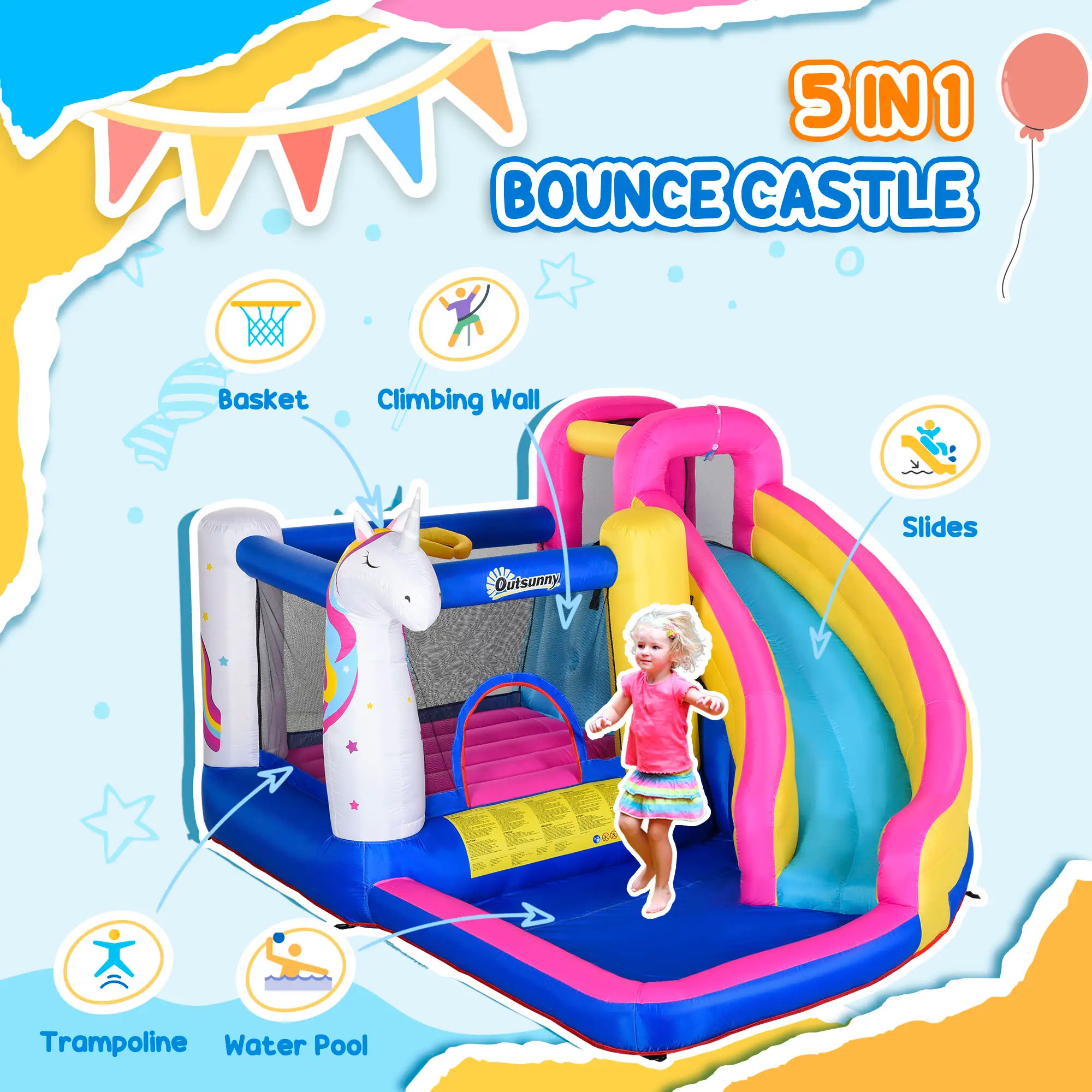 5 in 1 Inflatable Bounce Castle, Trampoline Water Slide, 12.4' x 10.5' x 6.9', Multi-color - Image 4