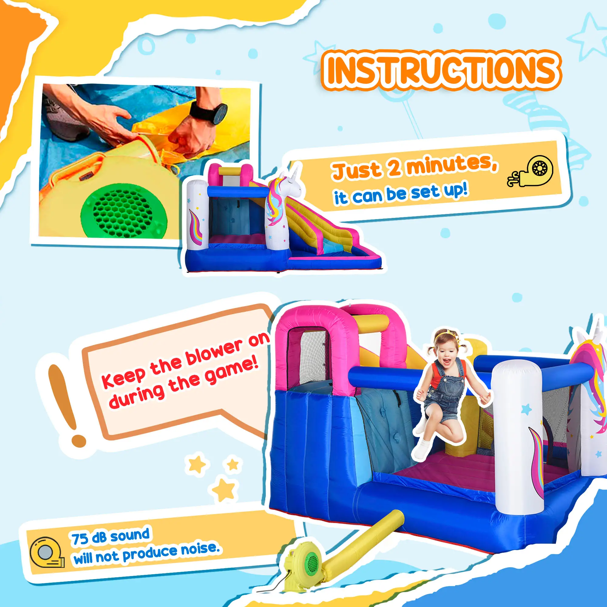 5 in 1 Inflatable Bounce Castle, Trampoline Water Slide, 12.4' x 10.5' x 6.9', Multi-color - Image 7