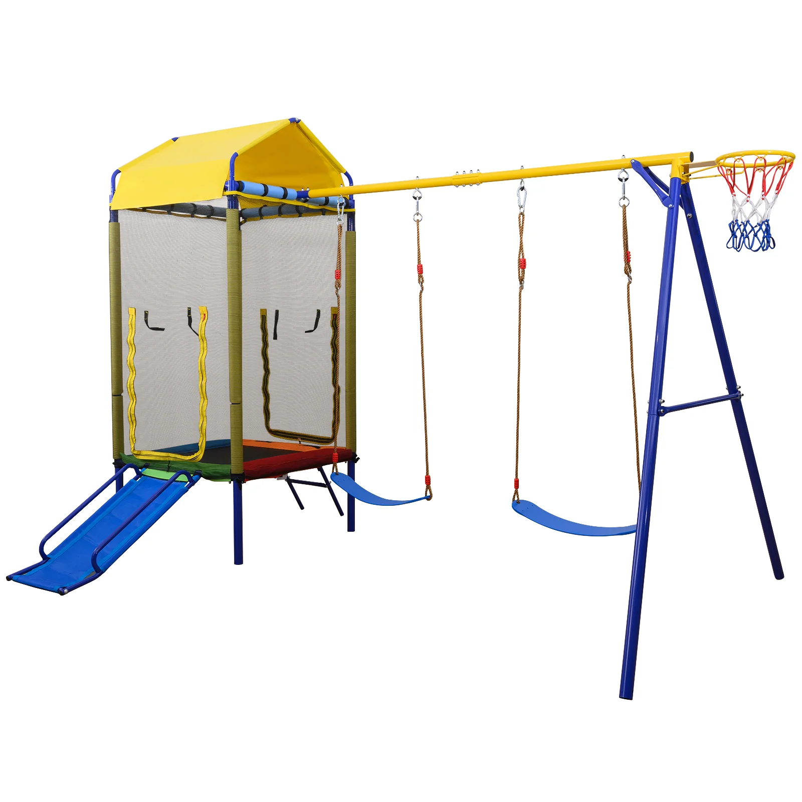 5-in-1 Kids Swing Set, Heavy-Duty Metal Stand, Yellow