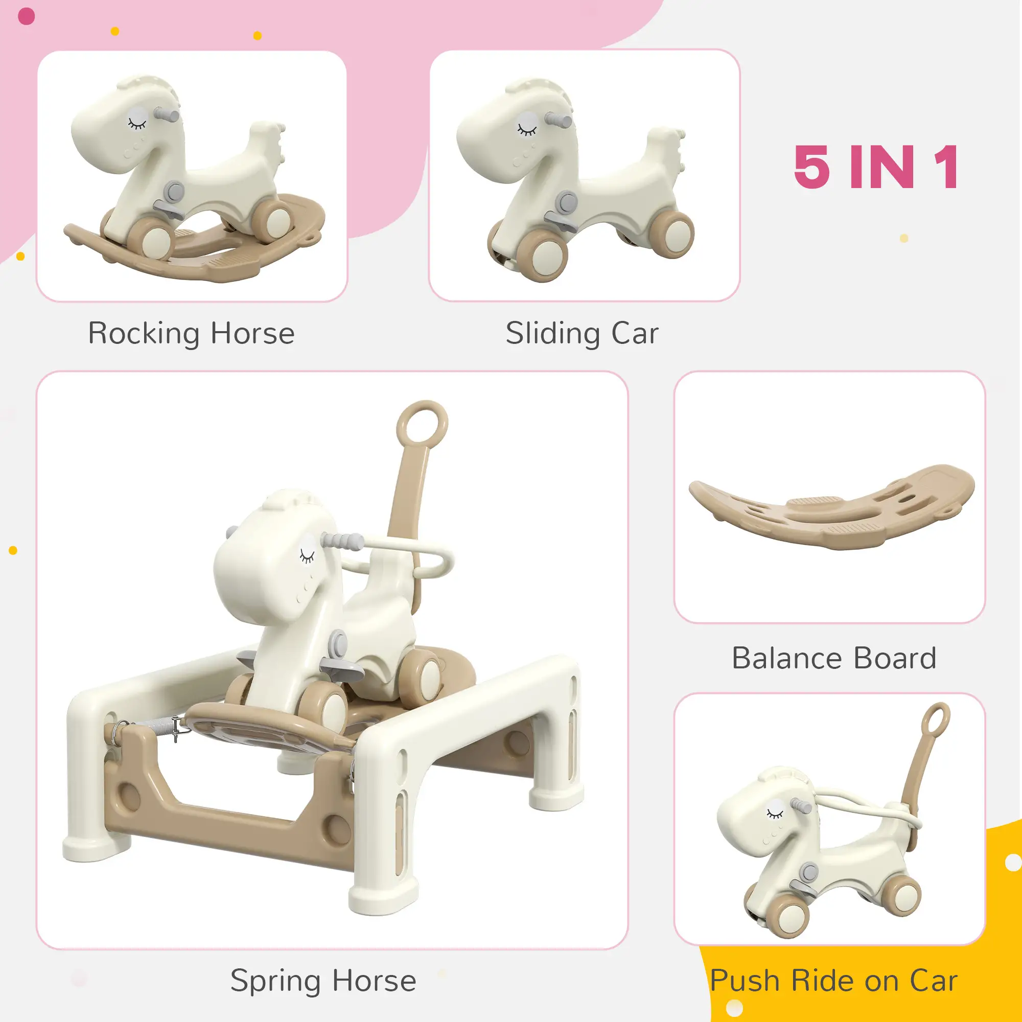 5 in 1 Rocking Horse for Toddlers, Balance Board, Push Handle, 4 Wheels - Image 4