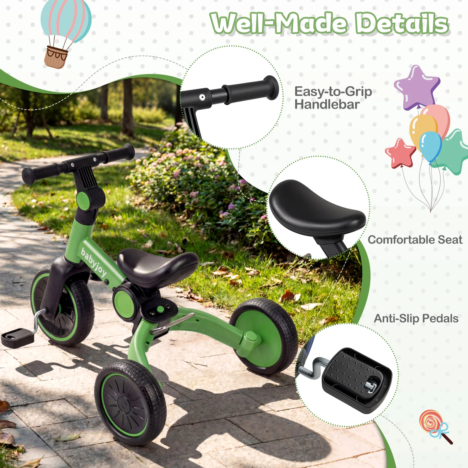 5-In-1 Toddler Bike, Kids Balance Bike With Removable Pedals, Green - Image 10