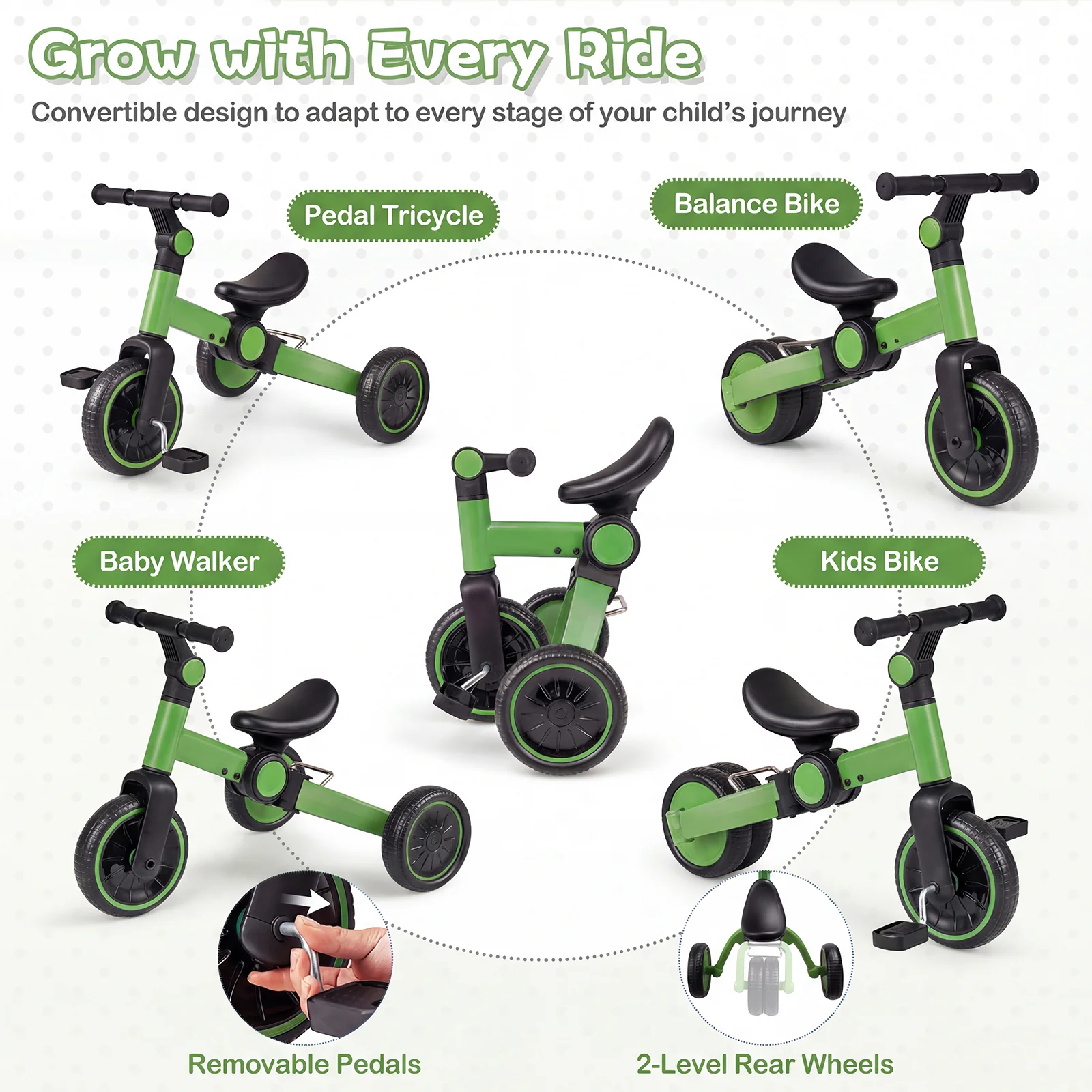 5-In-1 Toddler Bike, Kids Balance Bike With Removable Pedals, Green - Image 6