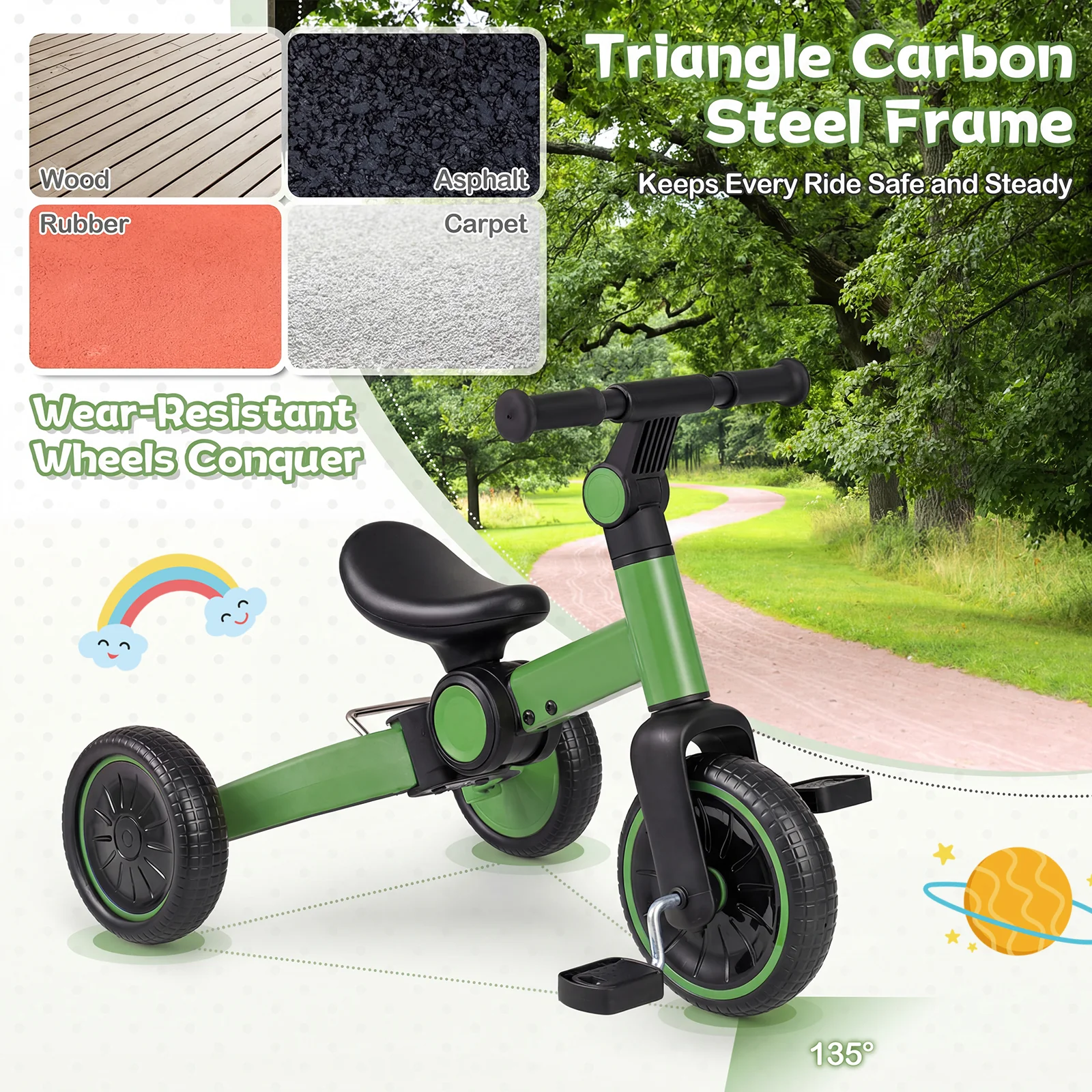 5-In-1 Toddler Bike, Kids Balance Bike With Removable Pedals, Green - Image 8