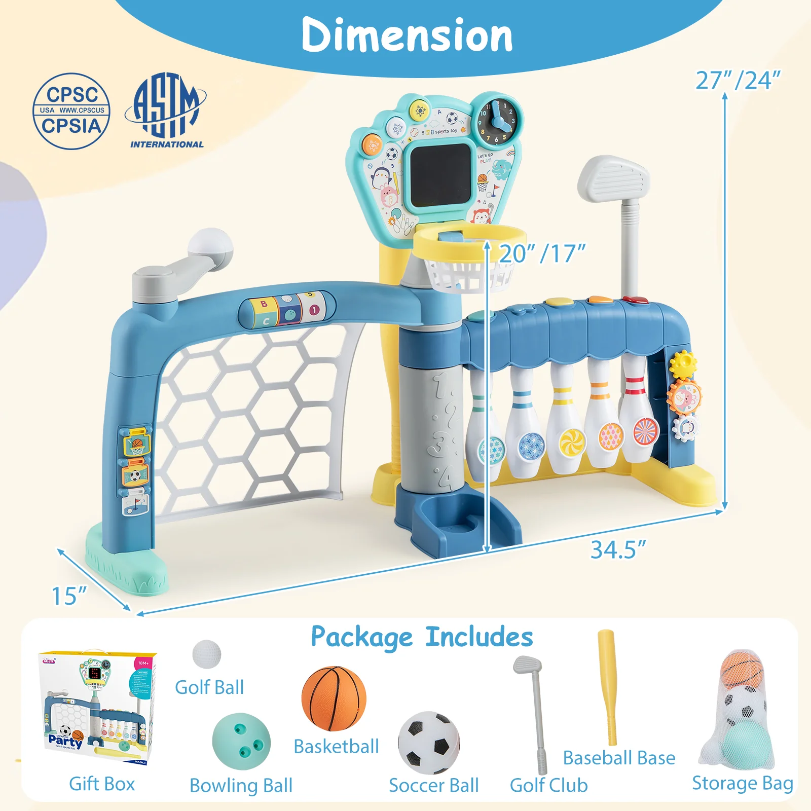 5 In 1 Toddler Sports Toy, Adjustable Basketball Hoop, 18 Months+ - Image 5