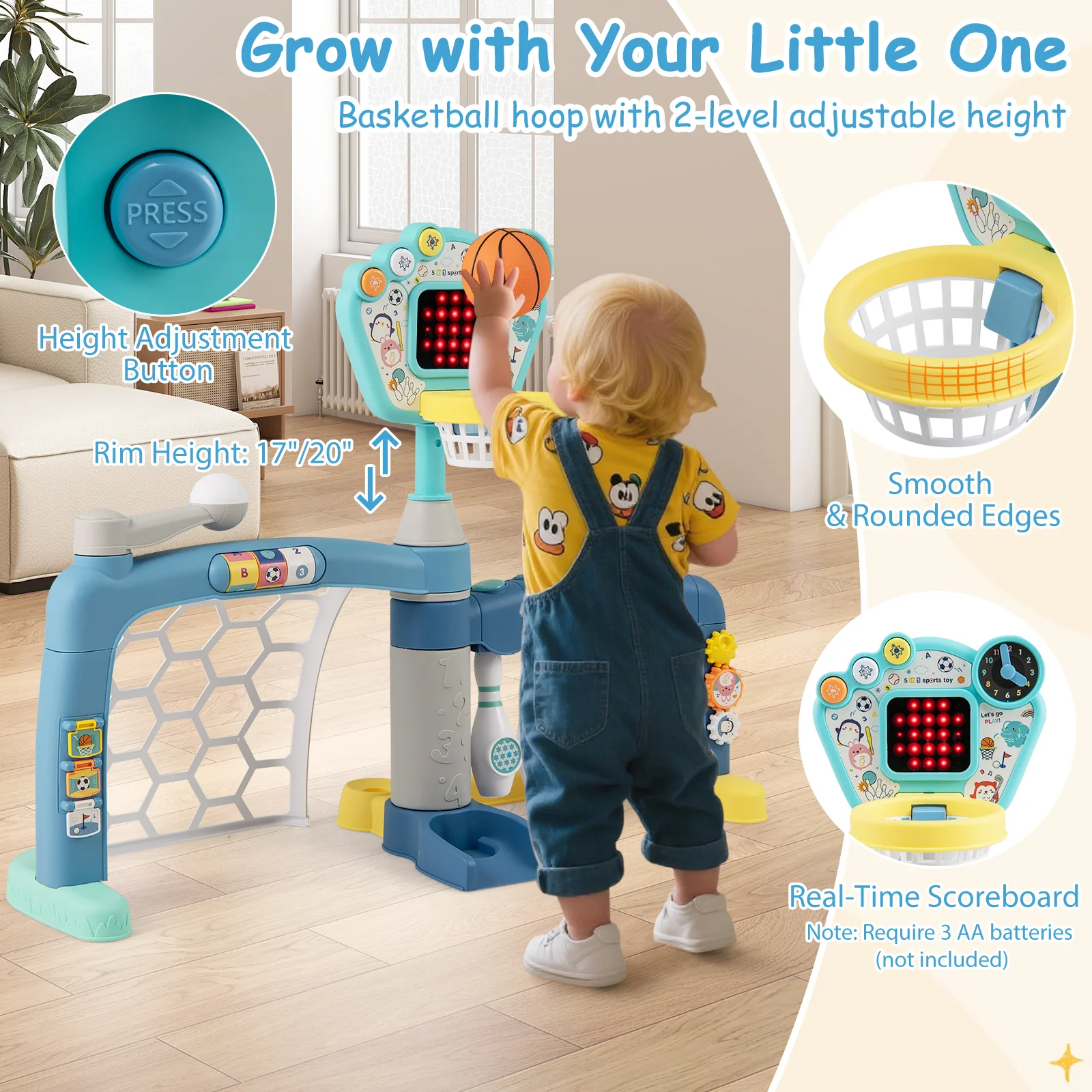 5 In 1 Toddler Sports Toy, Adjustable Basketball Hoop, 18 Months+ - Image 7