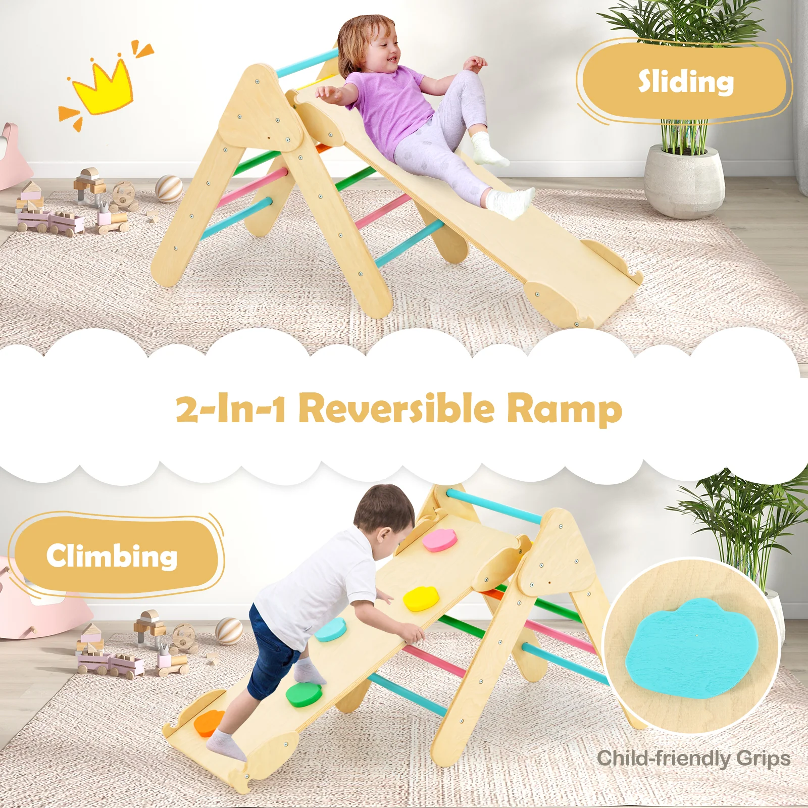 5-In-1 Wooden Kids Climber Toys, Triangle Arch Ramp, Multicolor - Image 10