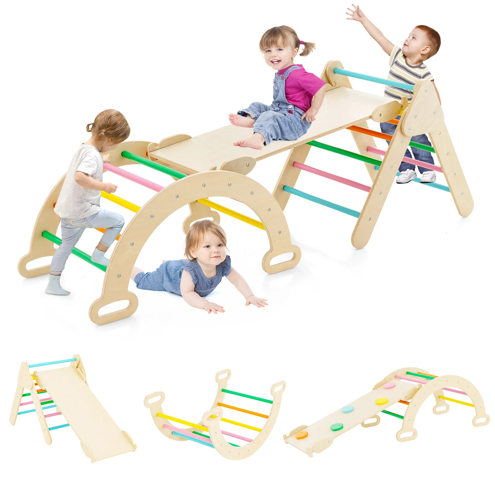 5-In-1 Wooden Kids Climber Toys, Triangle Arch Ramp, Multicolor - Image 3