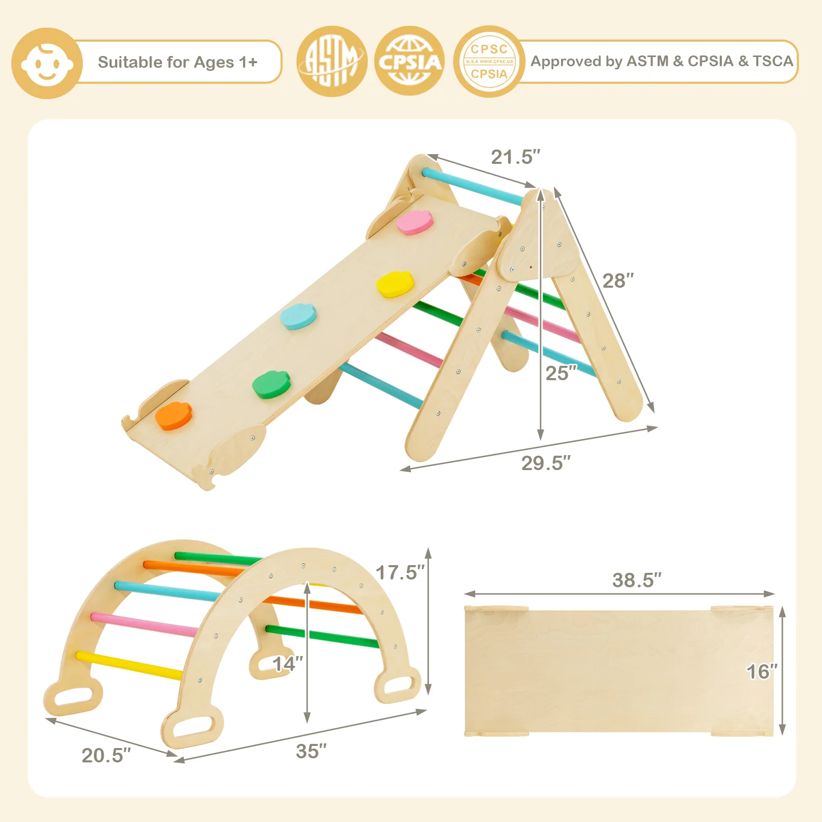 5-In-1 Wooden Kids Climber Toys, Triangle Arch Ramp, Multicolor - Image 4