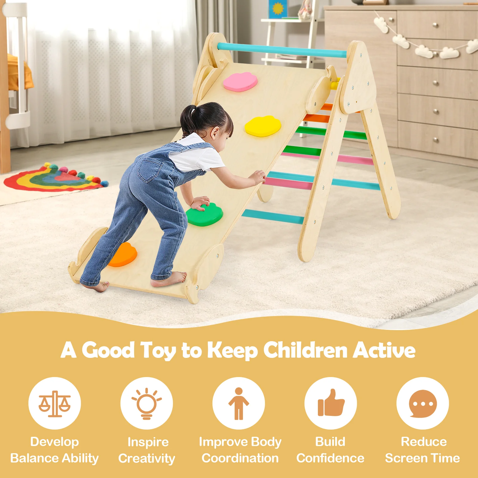 5-In-1 Wooden Kids Climber Toys, Triangle Arch Ramp, Multicolor - Image 5