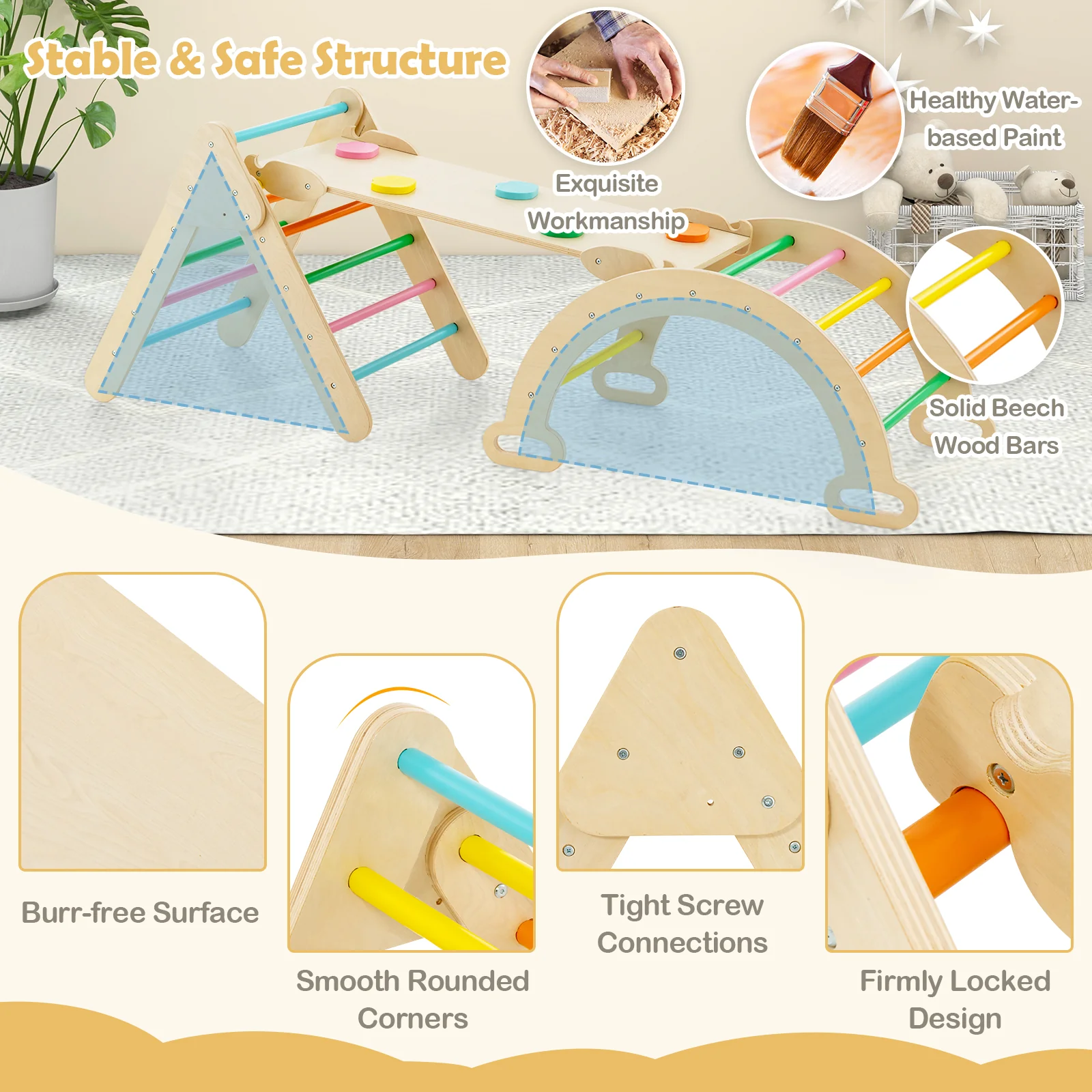 5-In-1 Wooden Kids Climber Toys, Triangle Arch Ramp, Multicolor - Image 7