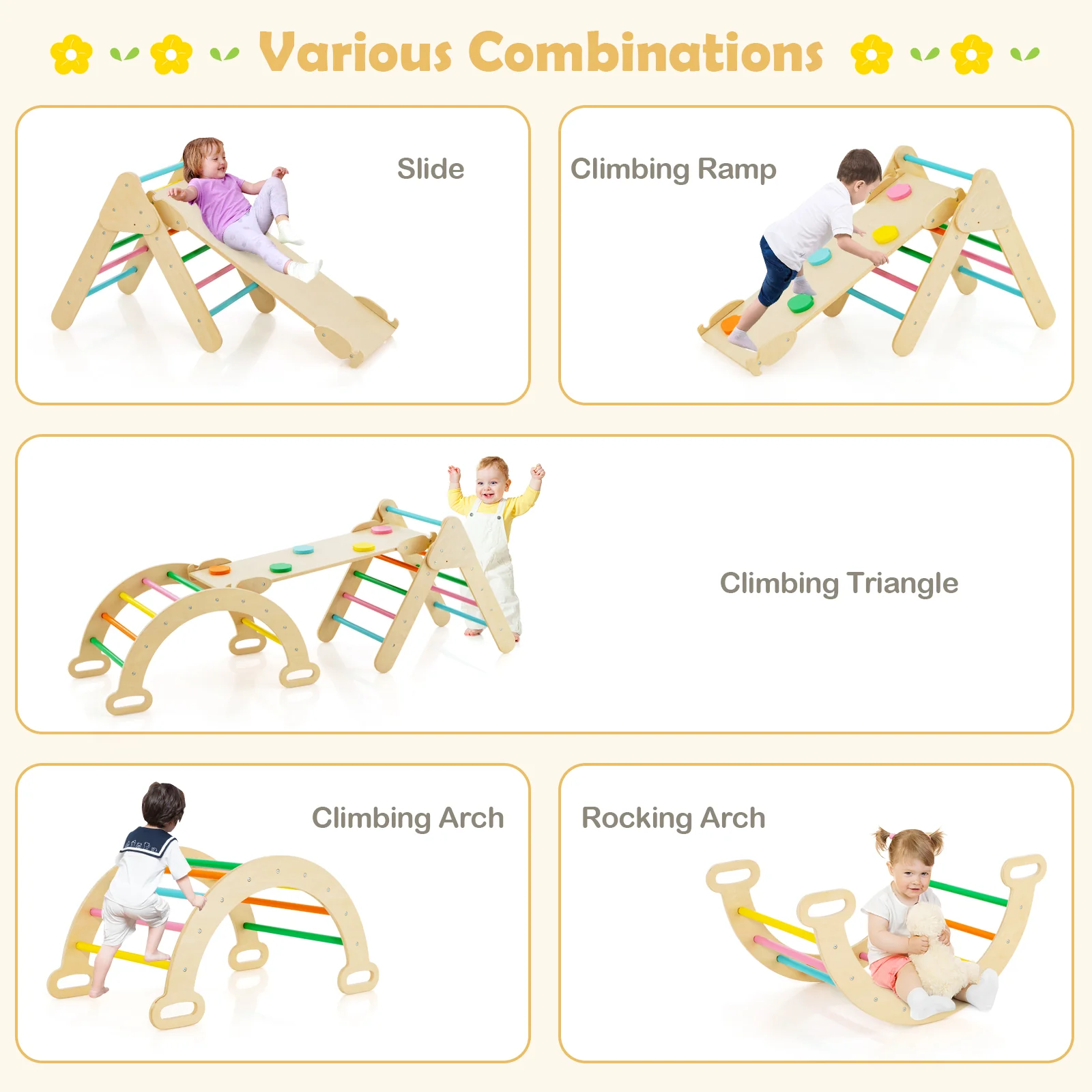 5-In-1 Wooden Kids Climber Toys, Triangle Arch Ramp, Multicolor - Image 8