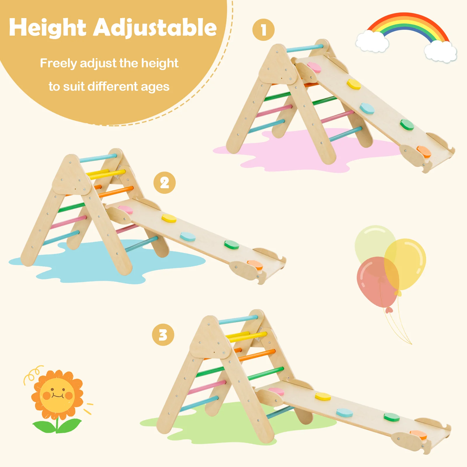5-In-1 Wooden Kids Climber Toys, Triangle Arch Ramp, Multicolor - Image 9