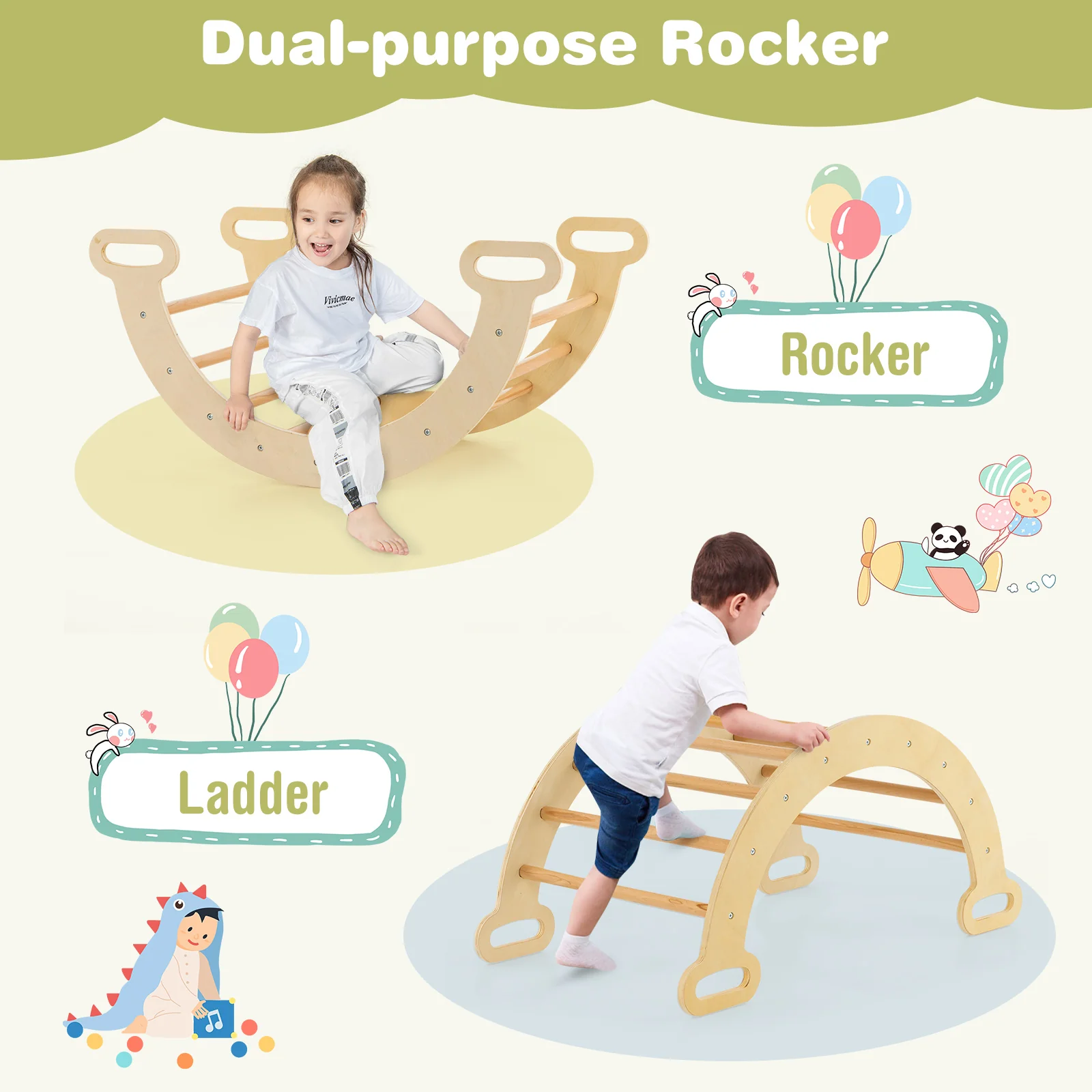 5-In-1 Wooden Kids Climber Toys, Triangle Arch Ramp, Natural - Image 10