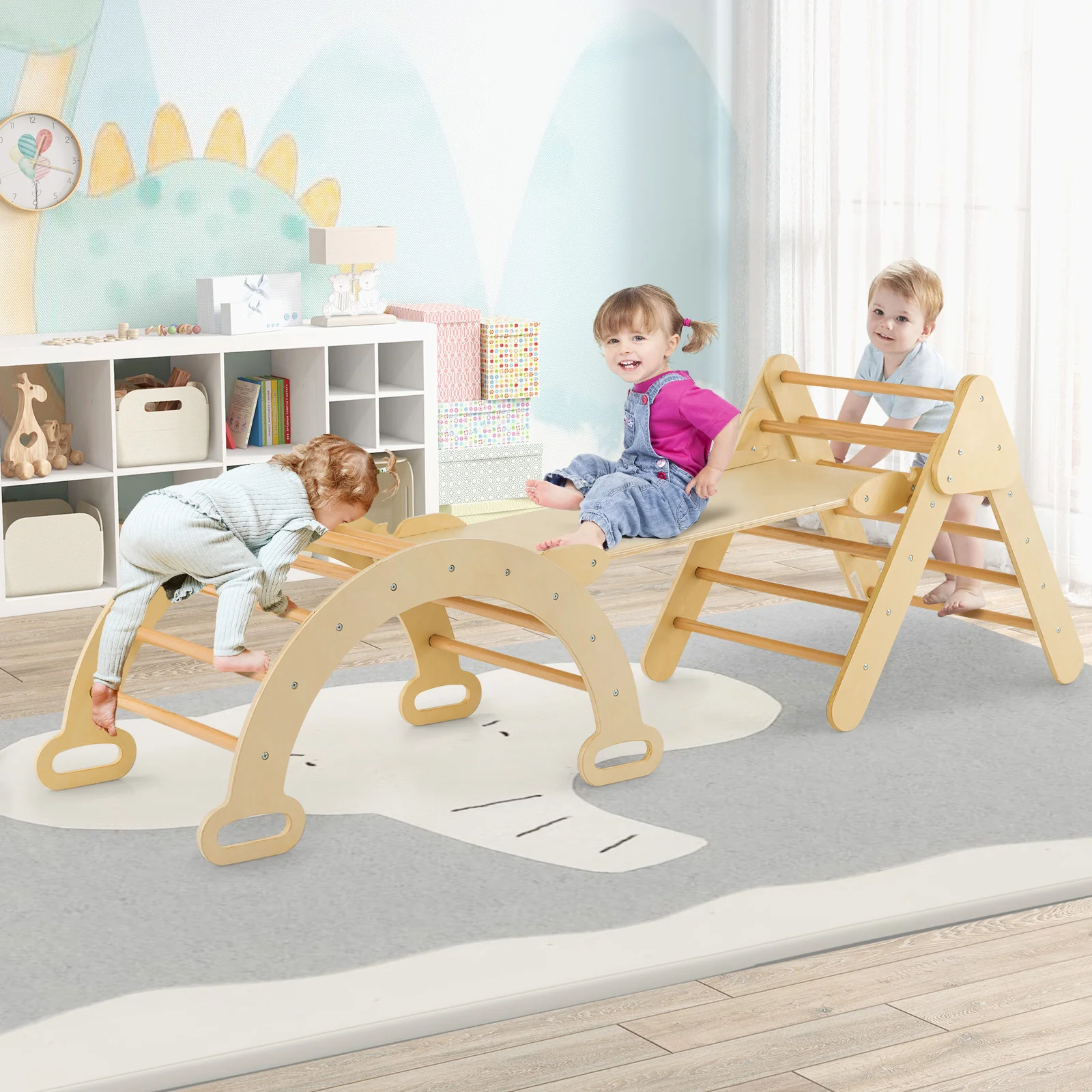 5-In-1 Wooden Kids Climber Toys, Triangle Arch Ramp, Natural - Image 2