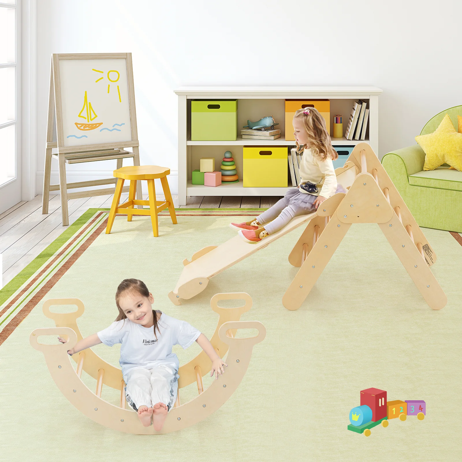 5-In-1 Wooden Kids Climber Toys, Triangle Arch Ramp, Natural - Image 3