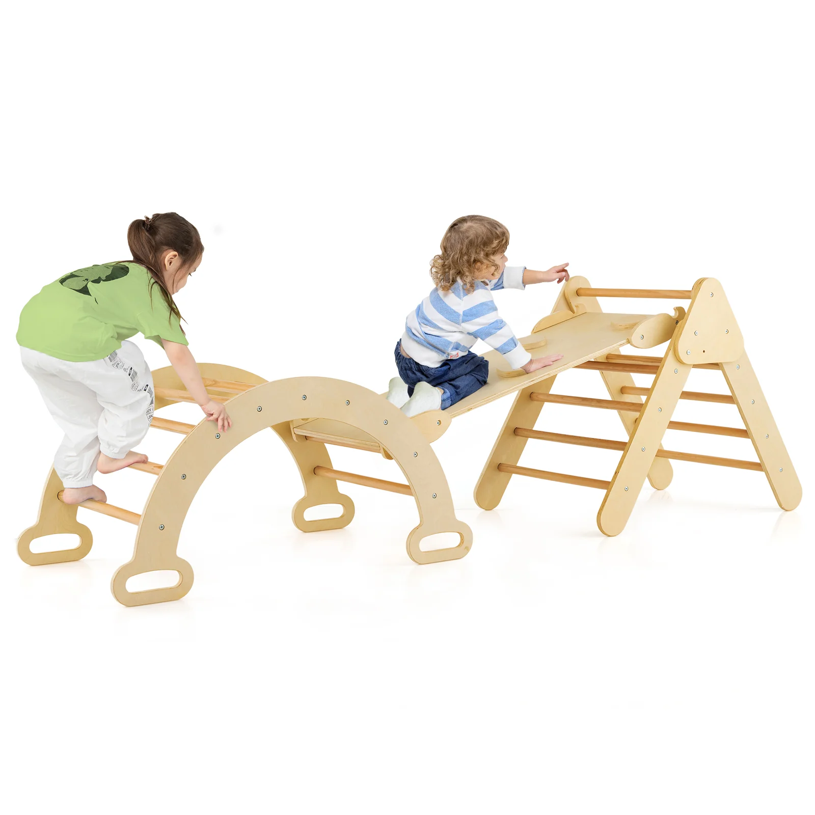 5-In-1 Wooden Kids Climber Toys, Triangle Arch Ramp, Natural - Image 5