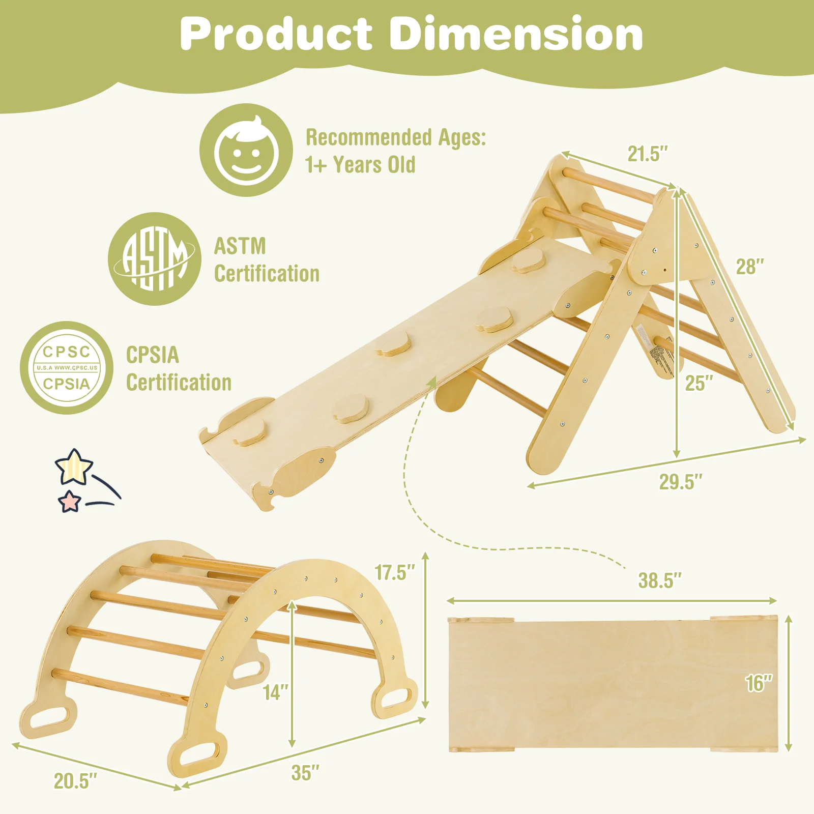 5-In-1 Wooden Kids Climber Toys, Triangle Arch Ramp, Natural - Image 6