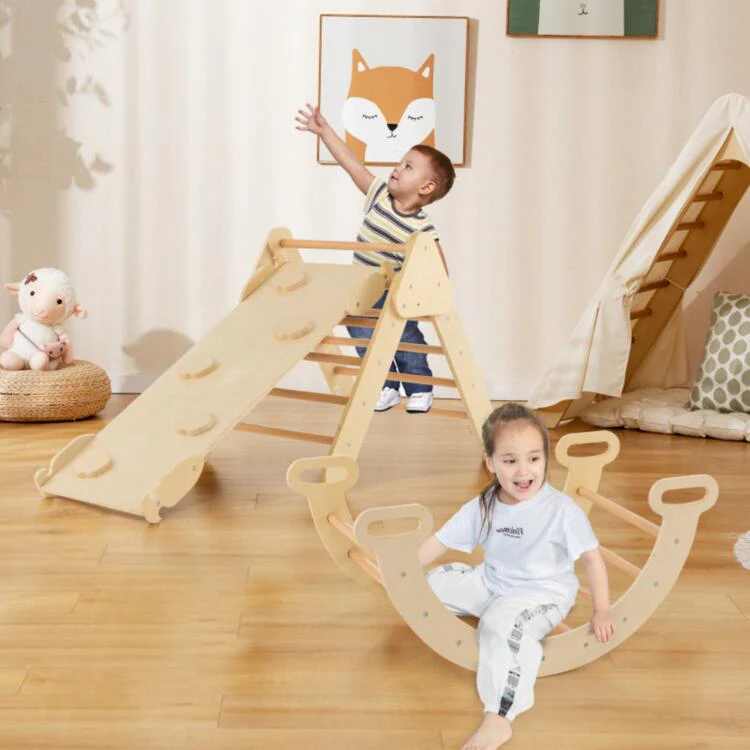 5-In-1 Wooden Kids Climber Toys, Triangle Arch Ramp, Natural - Image 7