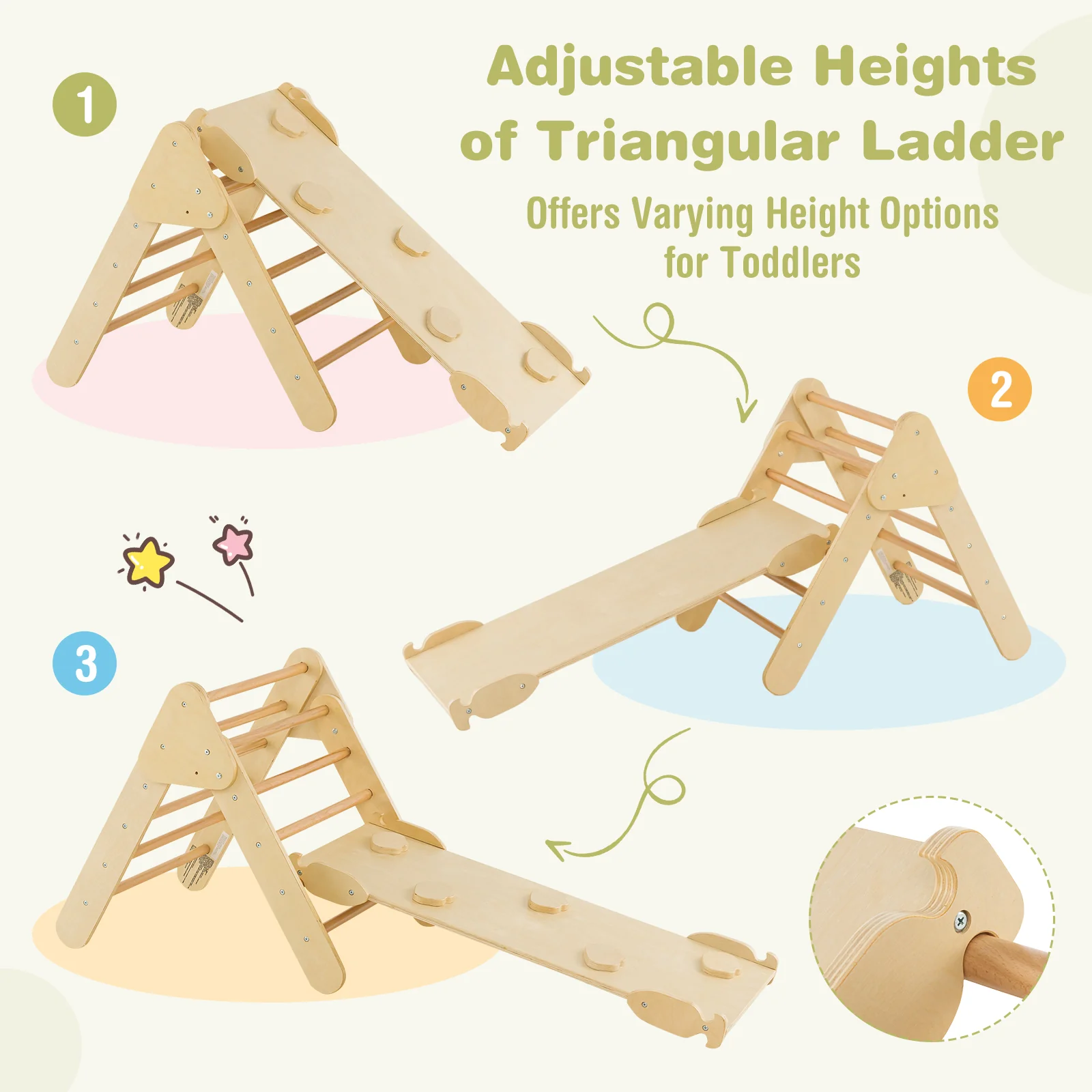 5-In-1 Wooden Kids Climber Toys, Triangle Arch Ramp, Natural - Image 8