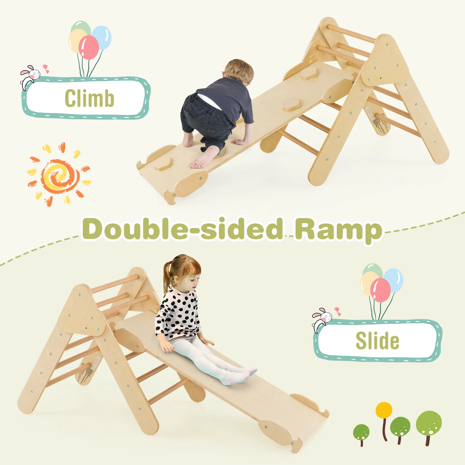 5-In-1 Wooden Kids Climber Toys, Triangle Arch Ramp, Natural - Image 9