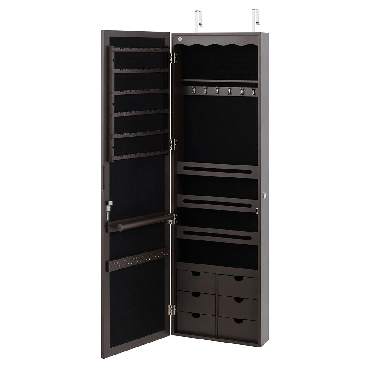 5 LED Lockable Mirror Jewelry Cabinet, 6 Drawers, Brown - Image 5