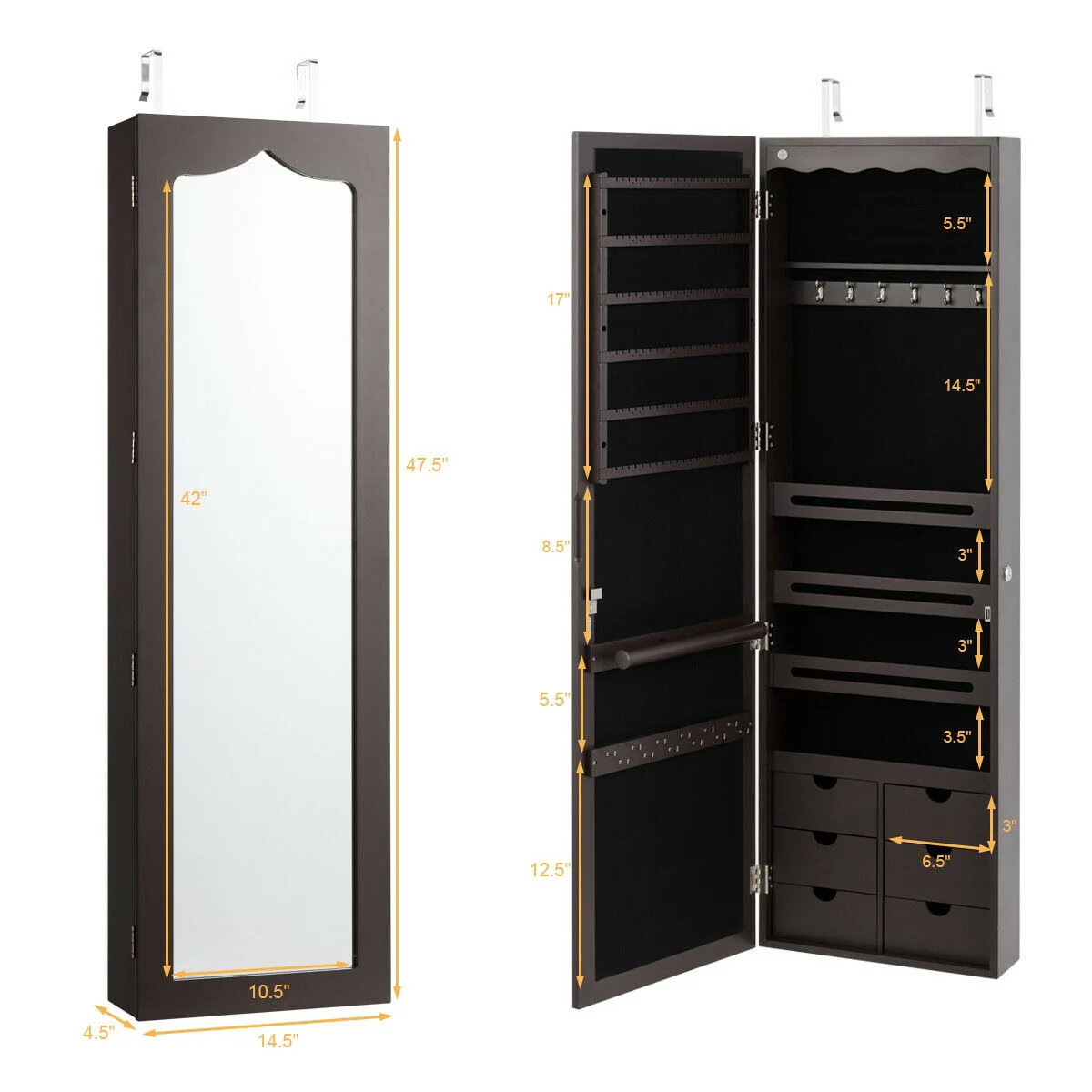 5 LED Lockable Mirror Jewelry Cabinet, 6 Drawers, Brown - Image 6