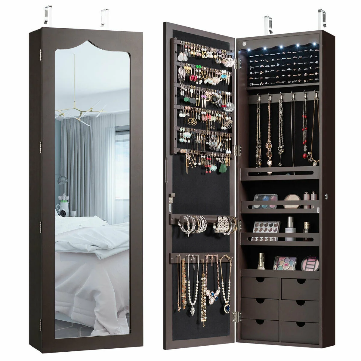 5 LED Lockable Mirror Jewelry Cabinet, 6 Drawers, Brown - Image 8