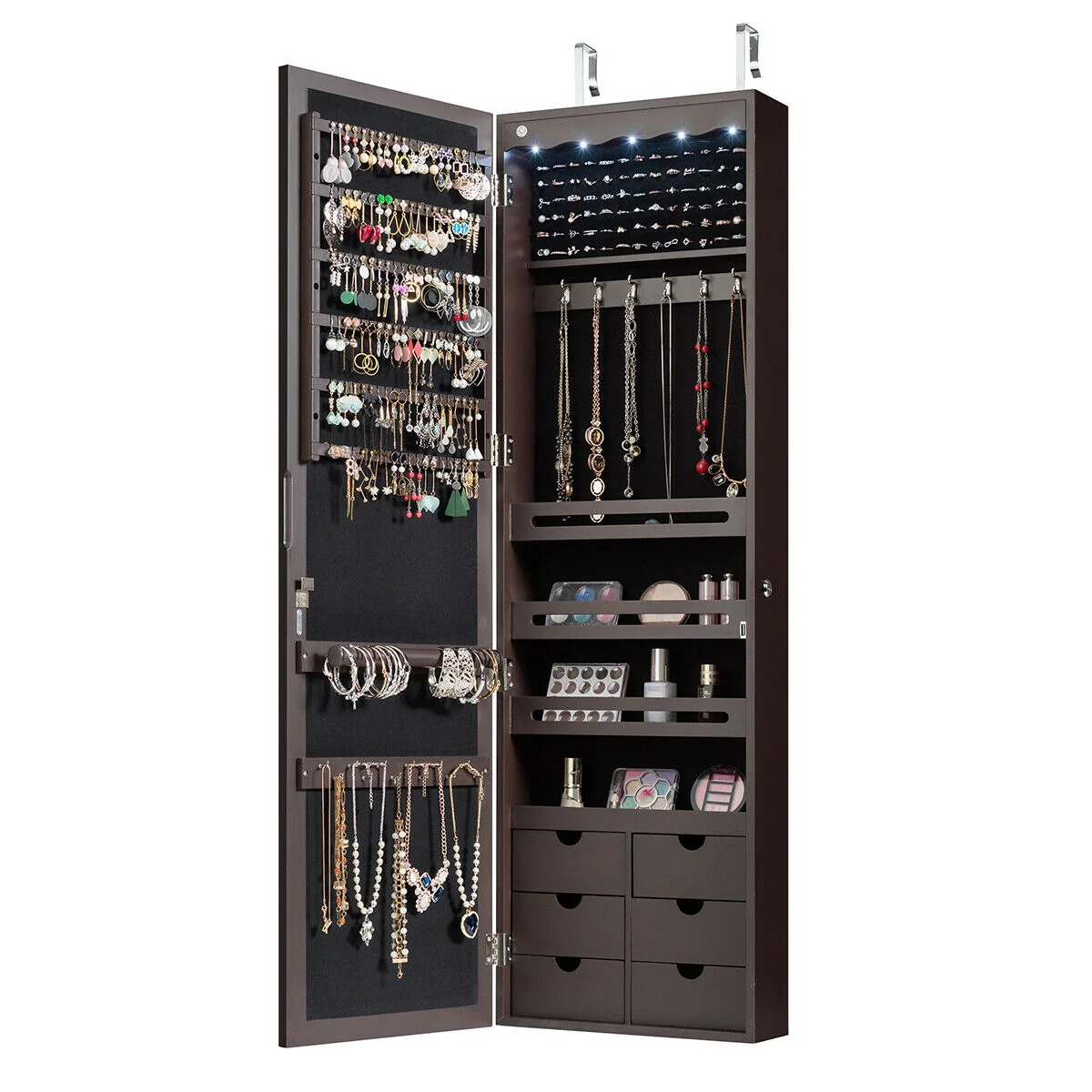 5 LED Lockable Mirror Jewelry Cabinet, 6 Drawers, Brown - Image 9