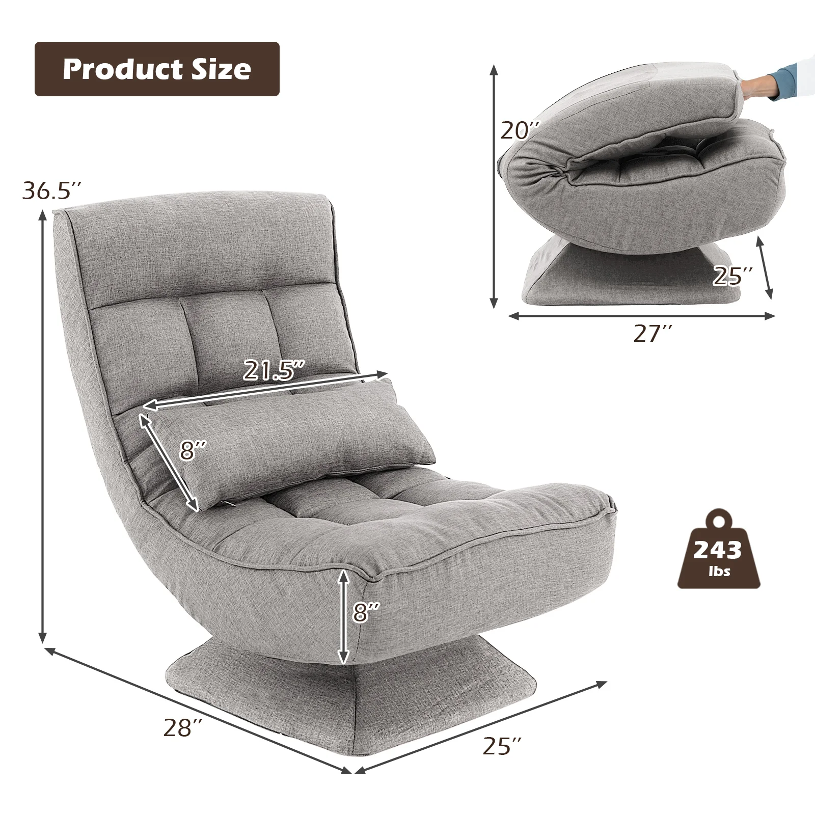 5-Level Adjustable 360° Swivel Floor Chair, Gray - Image 6