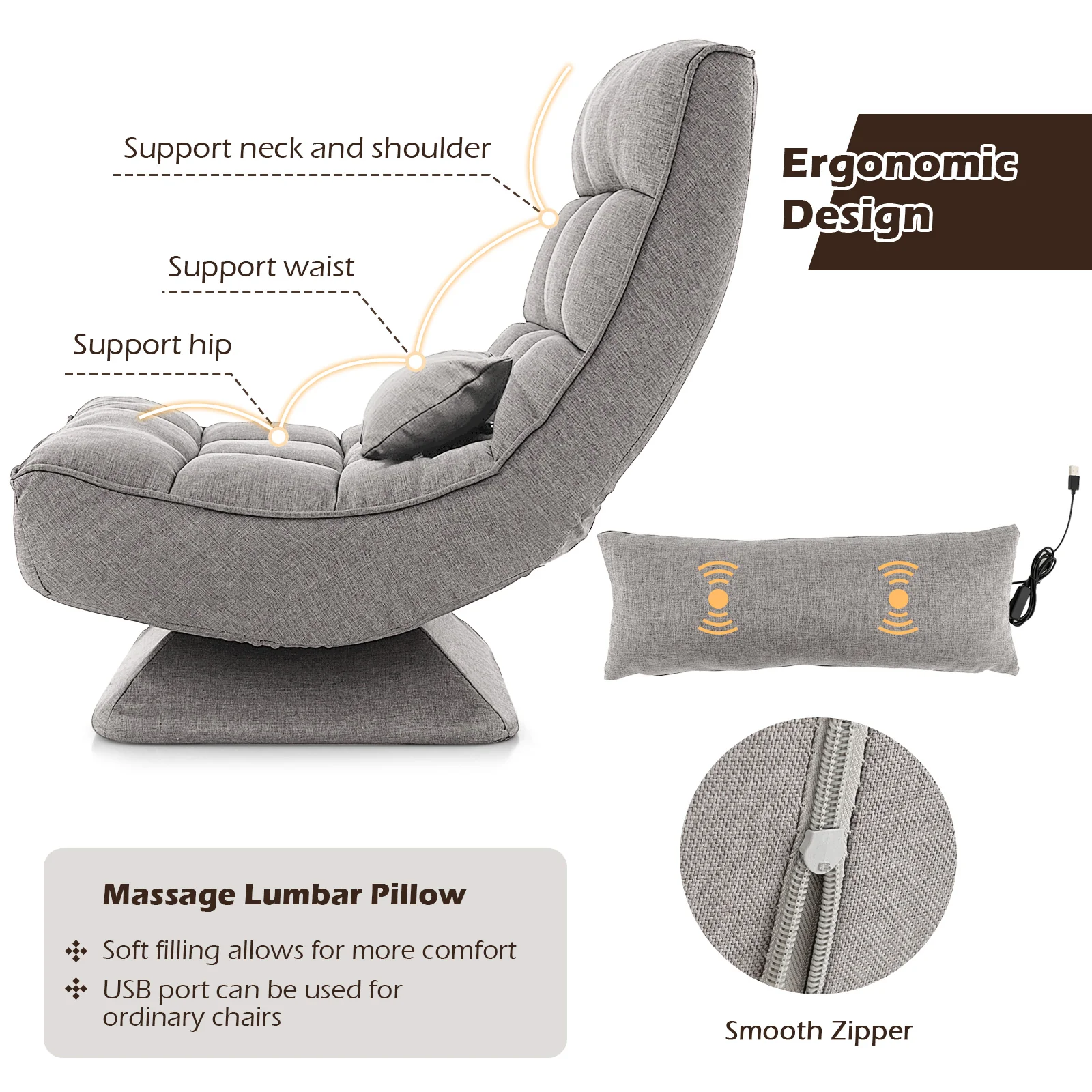 5-Level Adjustable 360° Swivel Floor Chair, Gray - Image 8