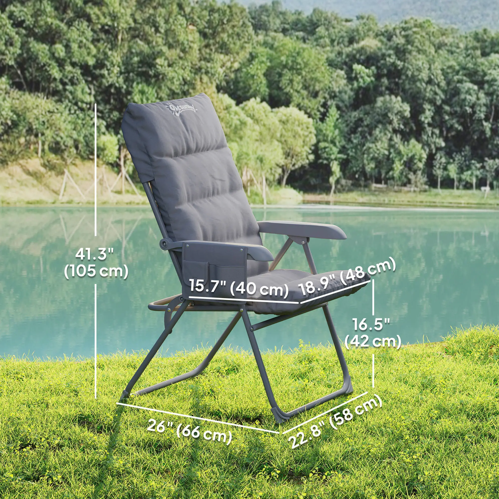 5-Level Reclining Camping Chair, Adjustable High Back, Side Pockets, Compact - Image 3