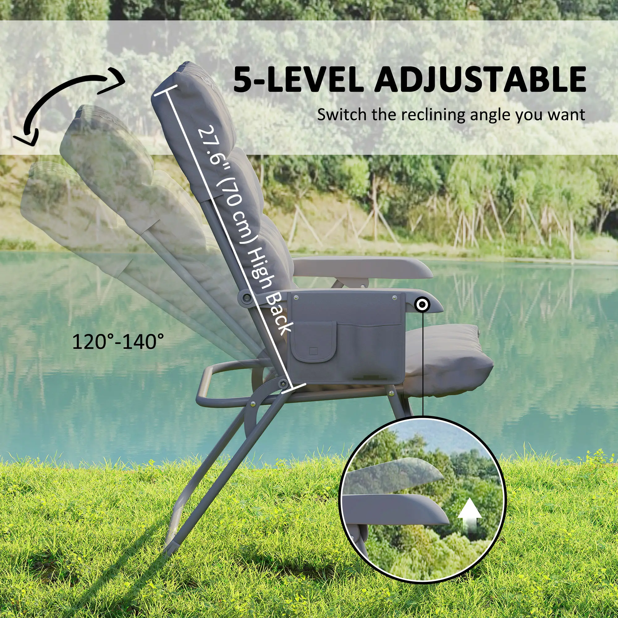 5-Level Reclining Camping Chair, Adjustable High Back, Side Pockets, Compact - Image 4