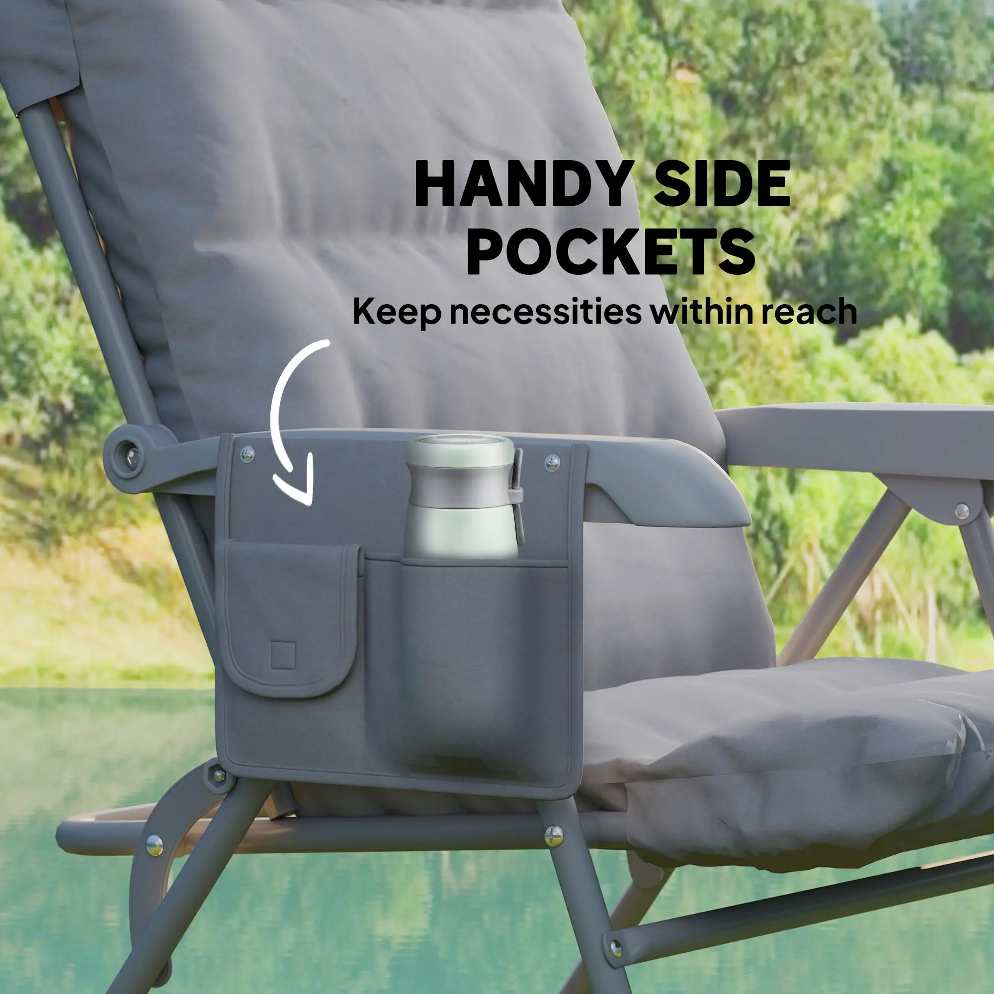 5-Level Reclining Camping Chair, Adjustable High Back, Side Pockets, Compact - Image 7