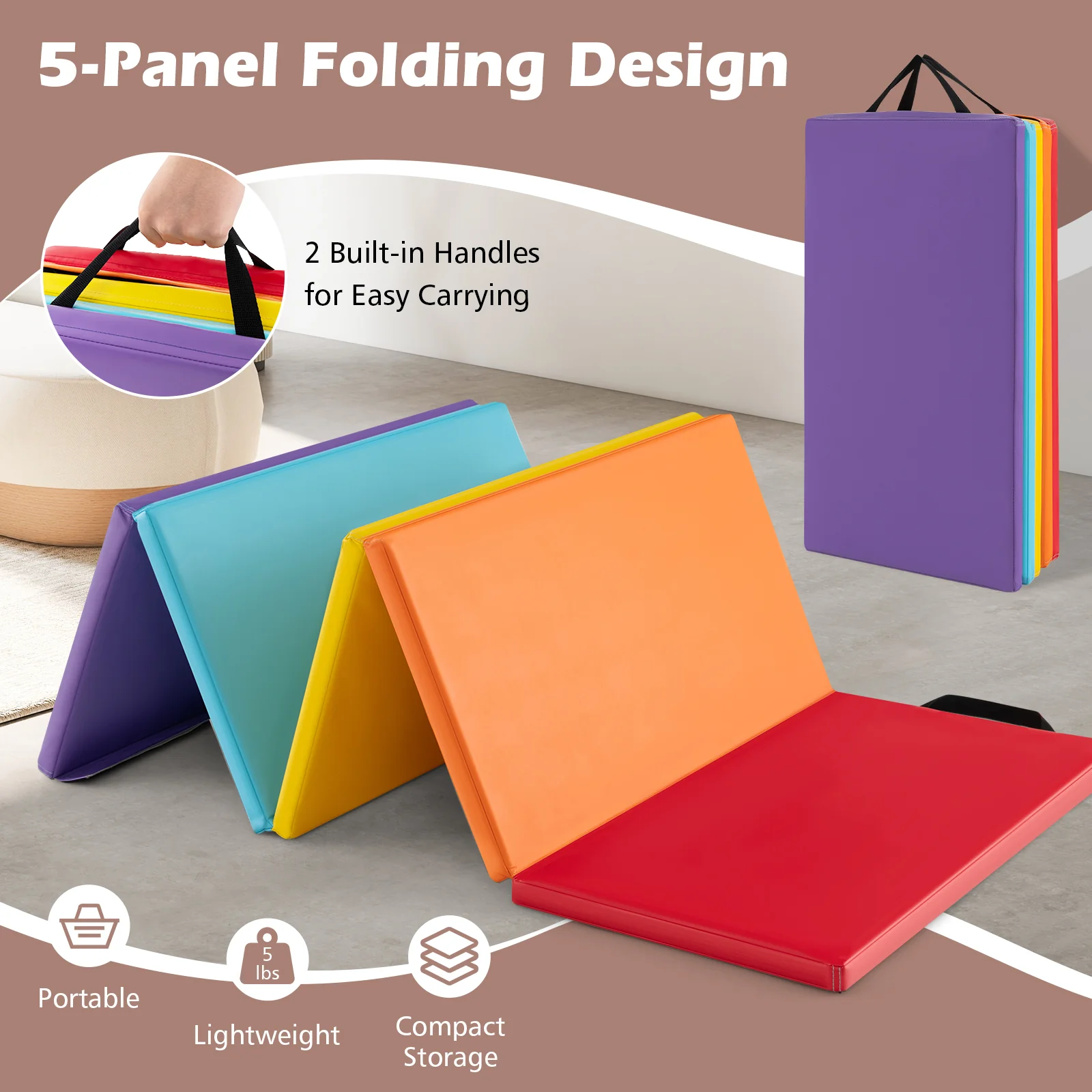 5-Panel Folding Gymnastics Mat for Kids, Red - Image 9