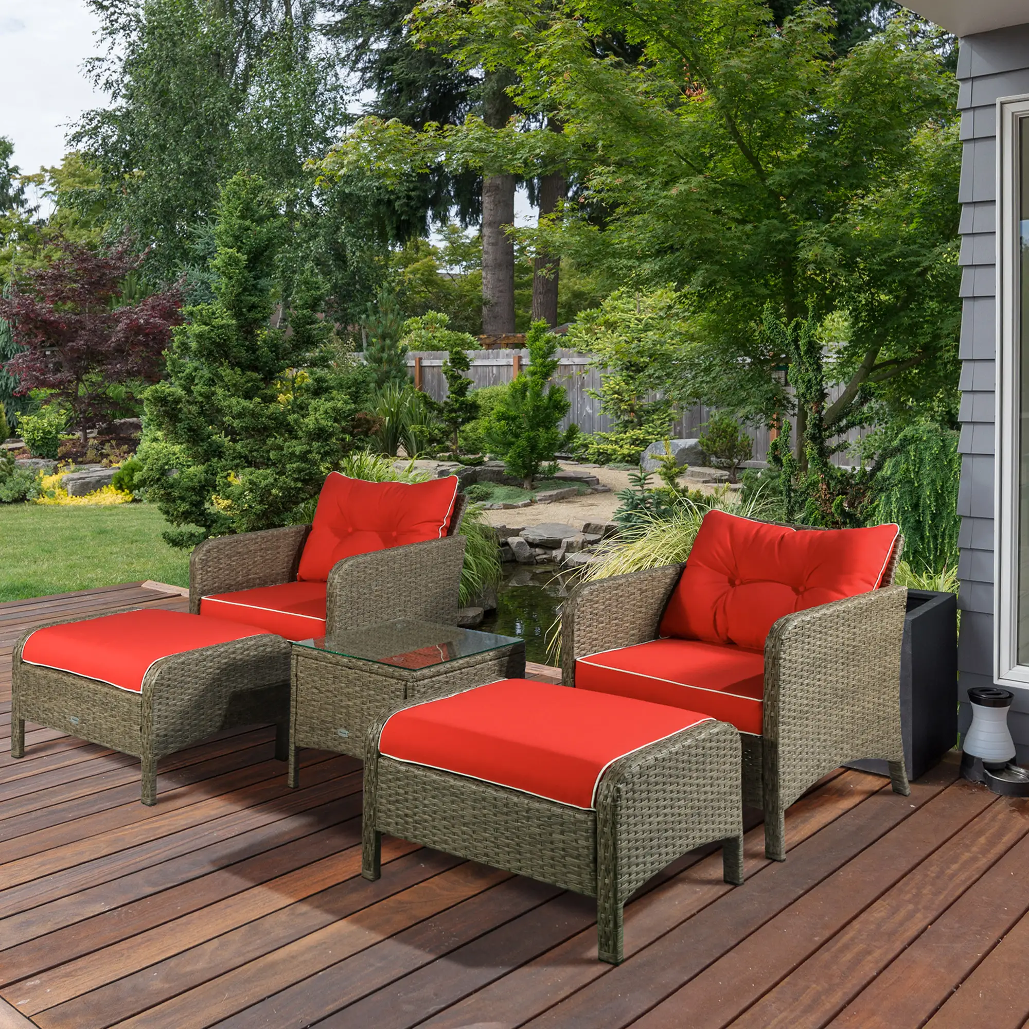 5 Pc Wicker Patio Sofa Set, Red, with Cushions & Glass Table - Image 2