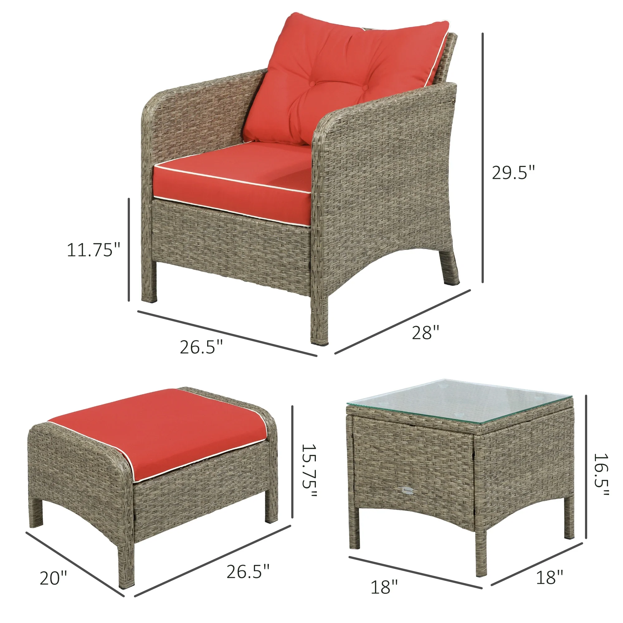 5 Pc Wicker Patio Sofa Set, Red, with Cushions & Glass Table - Image 3