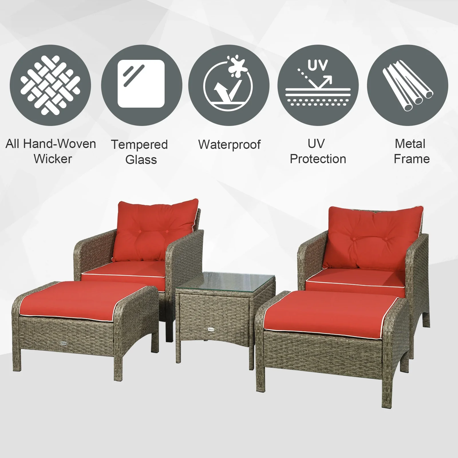5 Pc Wicker Patio Sofa Set, Red, with Cushions & Glass Table - Image 4