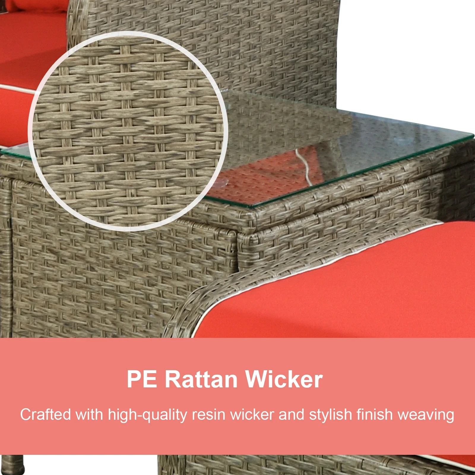 5 Pc Wicker Patio Sofa Set, Red, with Cushions & Glass Table - Image 5