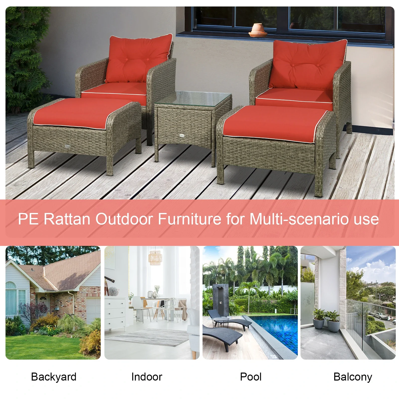 5 Pc Wicker Patio Sofa Set, Red, with Cushions & Glass Table - Image 7