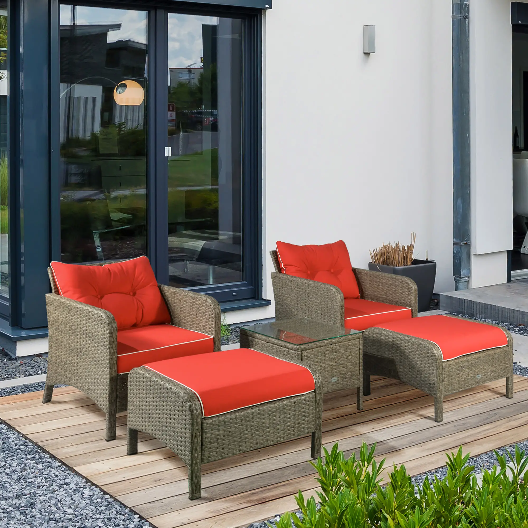 5 Pc Wicker Patio Sofa Set, Red, with Cushions & Glass Table - Image 8